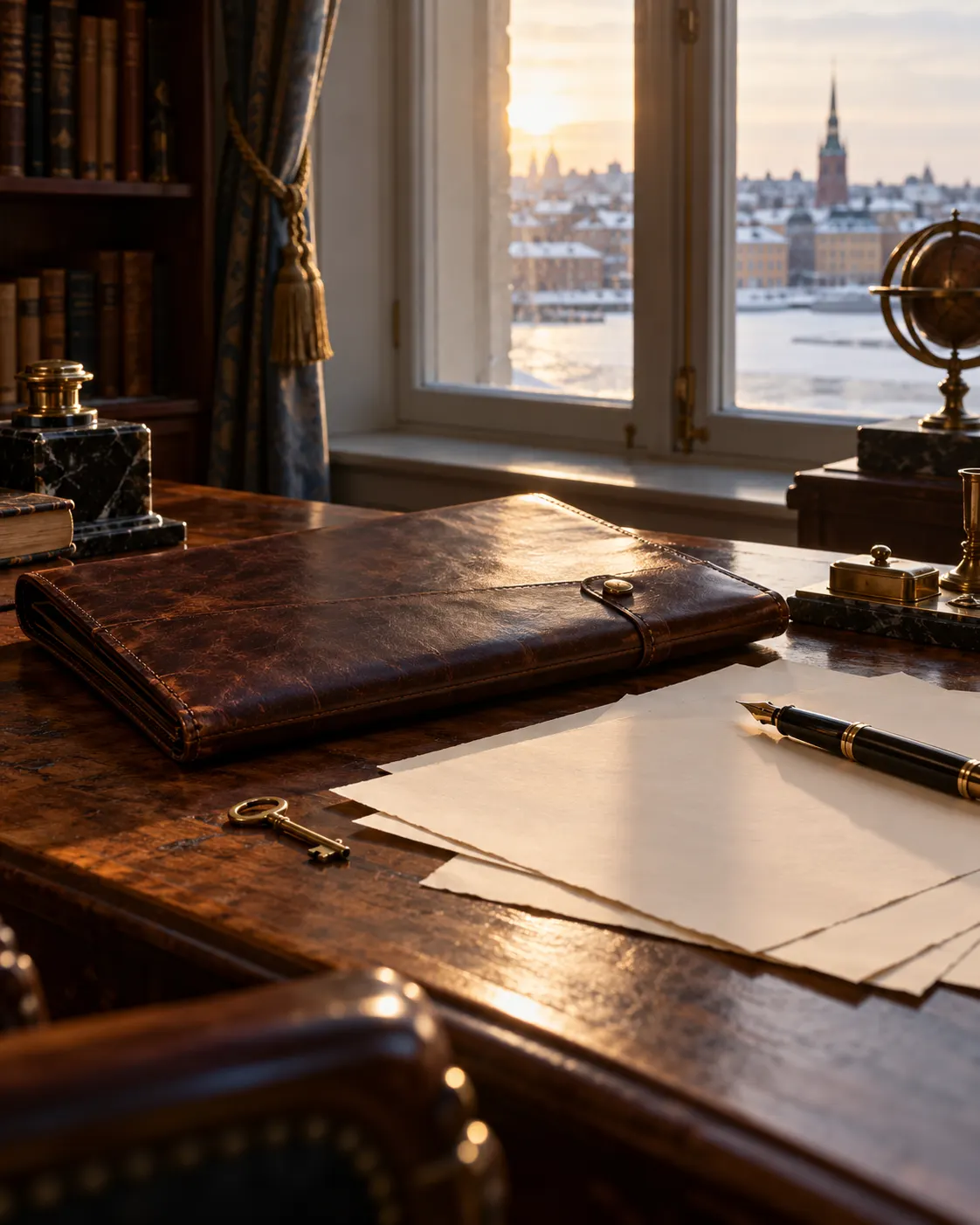 AI-generated cover: a fictional historical desk with a closed folio and blank papers, illustrating the will and later foundation; it is not an image of the authentic document. Prompt: “Photorealistic vertical 4:5 editorial cover about Alfred Nobel's 1895 will and the creation of a foundation. Show a historical desk with a closed leather document folio, old fountain pen, papers turned blank-side up, and a small plain brass key, warm Swedish winter window light. No legible writing or signatures, no real document reproduction, no logos, no identifiable person.” Generated 19 October 2026.