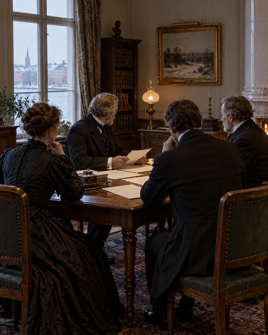 AI-generated fictional reconstruction of anonymous adults discussing an estate will; it does not portray Nobel’s relatives or an actual negotiation. Prompt: “Photorealistic vertical 4:5 editorial historical reconstruction of a private negotiation around an estate will in late-19th-century Sweden: a small group of anonymous adults seated at a wooden table, reviewing blank papers in a restrained study, shown from a respectful distance. Fictional people and event, not Alfred Nobel's relatives or an actual meeting. No legible text, no recognizable faces, no logos.” Generated 19 October 2026.