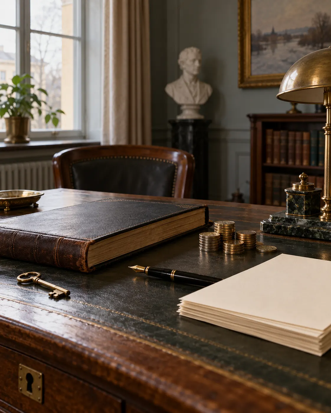 AI-generated fictional office still life with a ledger, blank papers and coins, symbolizing the later foundation; not authentic Nobel Foundation records. Prompt: “Photorealistic vertical 4:5 editorial still life symbolizing a charitable foundation formed to fund future prizes: a plain bound ledger, brass key, ink pen, small stack of coins and blank papers on an early-1900s office desk, restrained Swedish interior. Fictional generic illustration, not authentic Nobel Foundation records. No readable text, names, logos, seals or recognizable symbols.” Generated 19 October 2026.