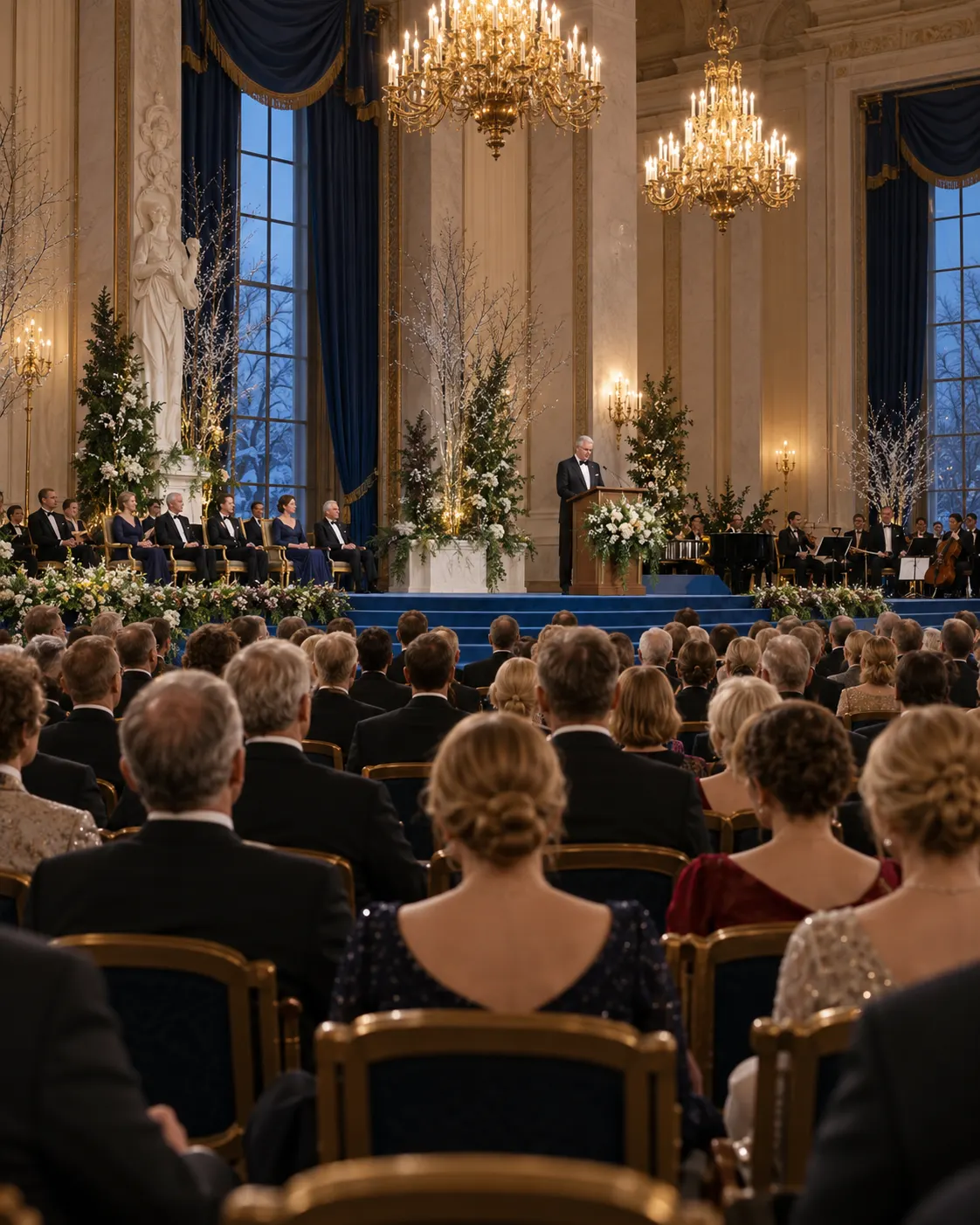 AI-generated fictional reconstruction of a formal winter award ceremony in a Scandinavian hall; not a specific Nobel ceremony. Generated 19 October 2026. Prompt: “Photorealistic editorial reconstruction, vertical 4:5: formal winter award ceremony in a grand Scandinavian hall, an audience and stage seen from the back, warm chandeliers, elegant formalwear, a presenter at a lectern. Generic fictional event, not a specific Nobel ceremony. No logos, no readable text, no close-up medals.”
