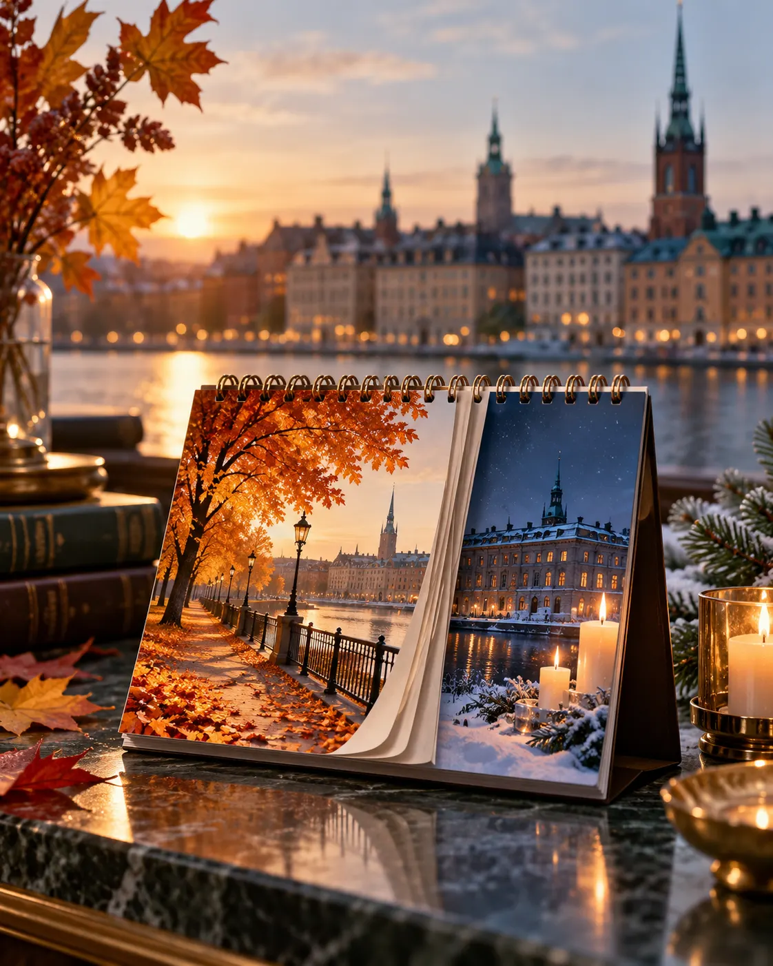 AI-generated cover: autumn-to-winter calendar pages and Stockholm-inspired cityscape. Generated 19 October 2026. Prompt: “Photorealistic vertical 4:5 editorial cover about Nobel laureates being announced in October and receiving awards on 10 December. A tasteful desk calendar with autumn leaves on one side and winter candlelight on the other, separated by a few stacked pages, Stockholm-inspired architecture softly blurred behind. No legible numbers or text, no logos, no recognizable medal design.”