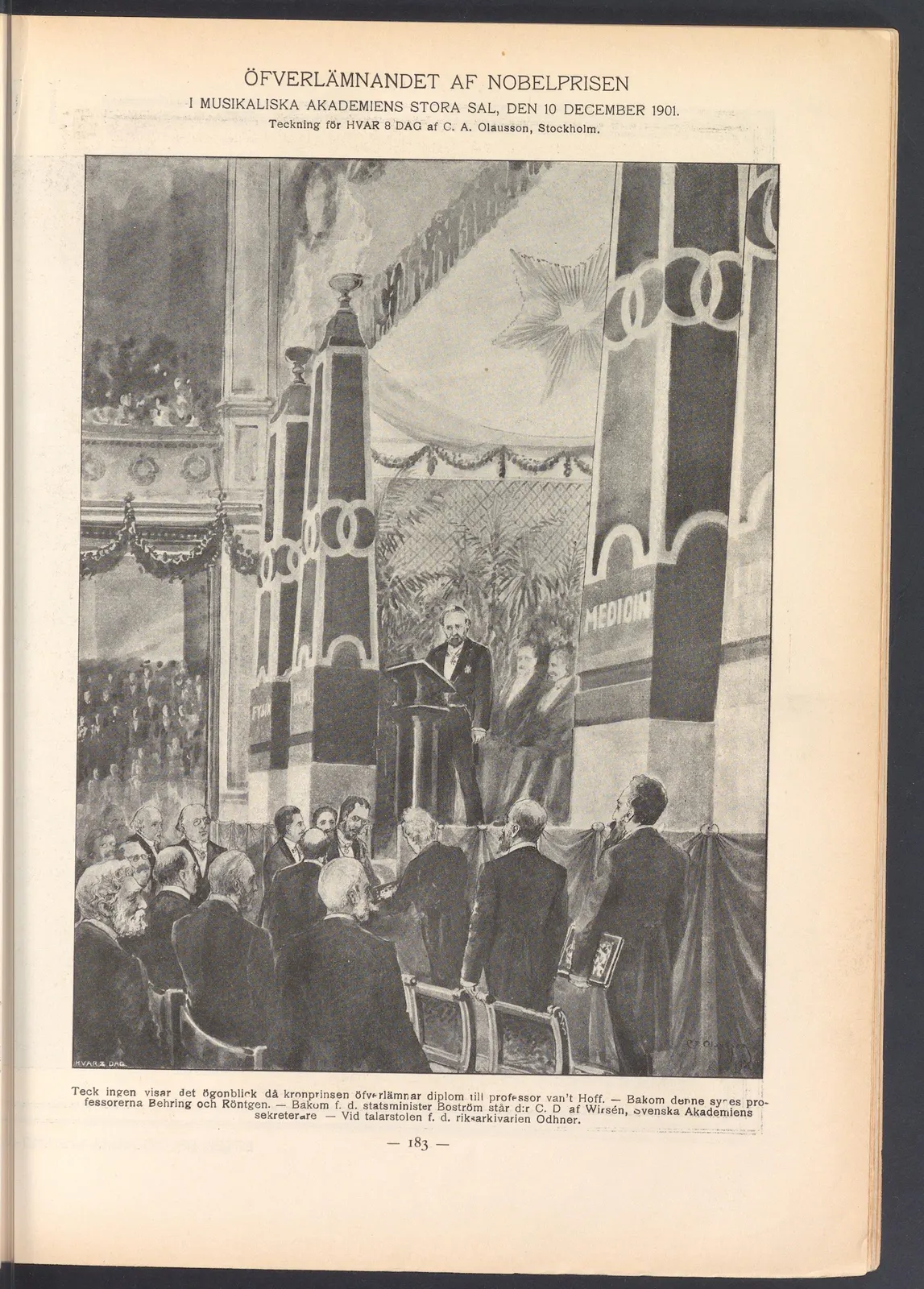 archival newspaper illustration of the first Nobel Prize ceremony, held 10 December 1901. Creator: C. A. Olausson; published in *Hvar 8 Dag*, 22 December 1901; source: National Library of Sweden. Public domain in the United States due to publication before 1931; source-country and jurisdiction caveats are documented on Commons. [File page](https://commons.wikimedia.org/wiki/File:Olausson_1901_Nobel_Prize_ceremony.jpg). Copied unchanged from Watt fact 1617.