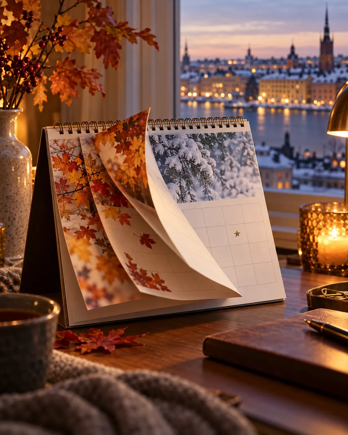 AI-generated still life illustrating the transition from autumn to a winter ceremony date; calendar content is not meant to show specific dates. Generated 19 October 2026. Prompt: “Photorealistic editorial still life, vertical 4:5: a desk calendar showing a transition from autumn leaves to a winter date square marked only with a simple small star, several pages turned, warm Stockholm evening light. Illustrative of the weeks between announcements and ceremony. No legible numerals, no words, no logos.”