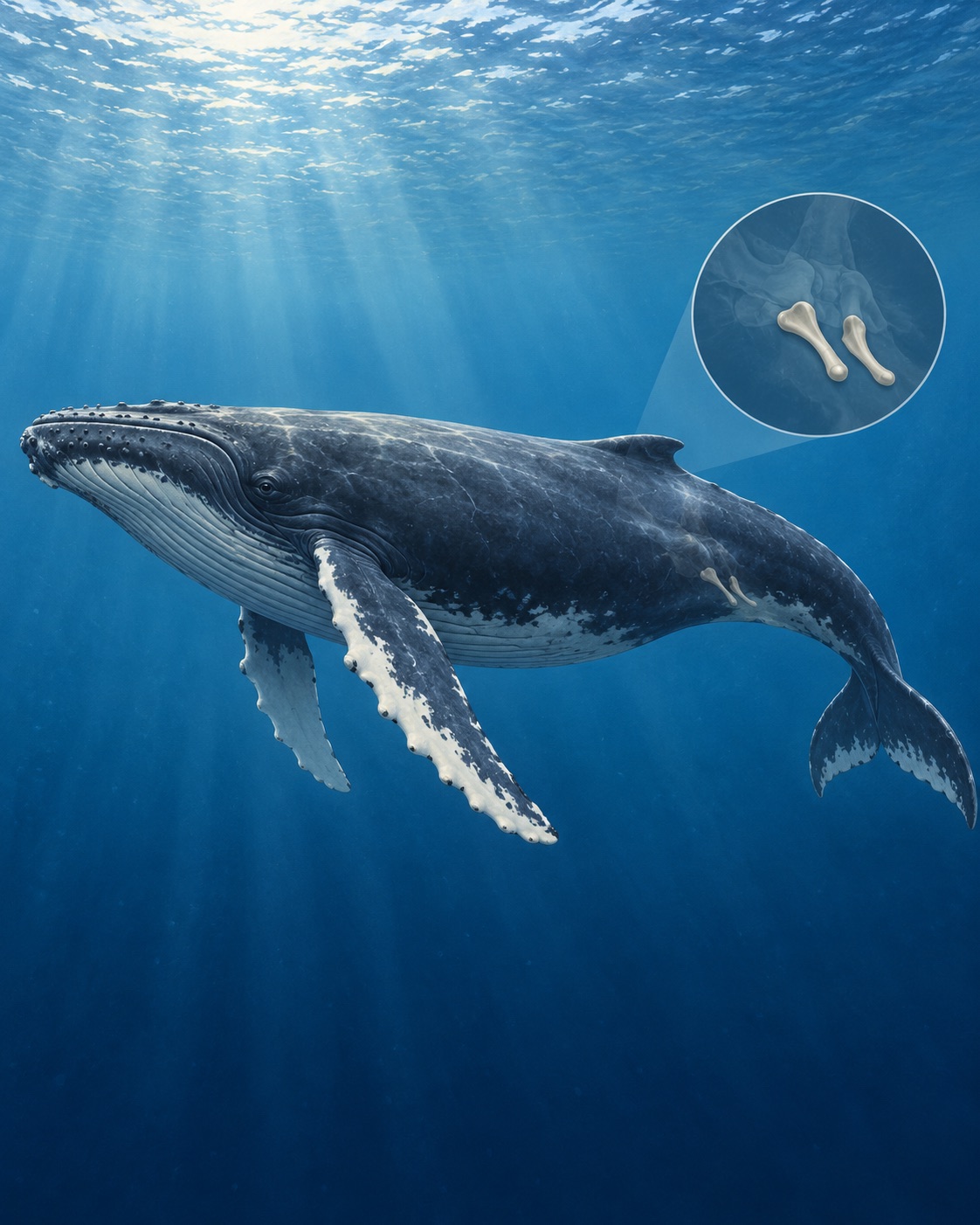 AI-generated conceptual illustration of a whale silhouette with a simplified skeletal inset showing small pelvic remnants. The schematic is illustrative, not a measured anatomy plate or exact species reconstruction. Prompt: “Create a vertical 4:5 educational natural history illustration of a humpback whale underwater in side profile, with a subtle tasteful cutaway/inset near its pelvis showing two small pelvic bones as remnants of hind limbs. Accurate overall whale silhouette, blue ocean, museum-quality scientific illustration, elegant and calm. The bone inset should be simplified and clearly conceptual, not a surgical view, no explicit anatomy, no labels, text, numbers, or callouts. No legs extending from the whale. Not a measured anatomical plate or exact species reconstruction.” Generated 2026-10-29; no external source or documentary role.