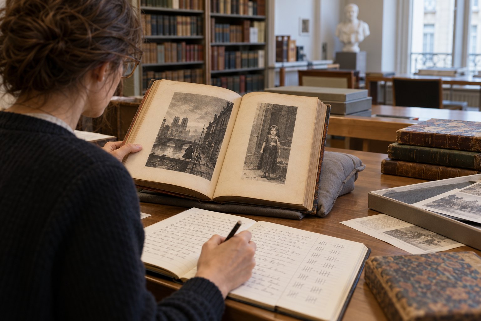 researcher comparing an old book in a library.