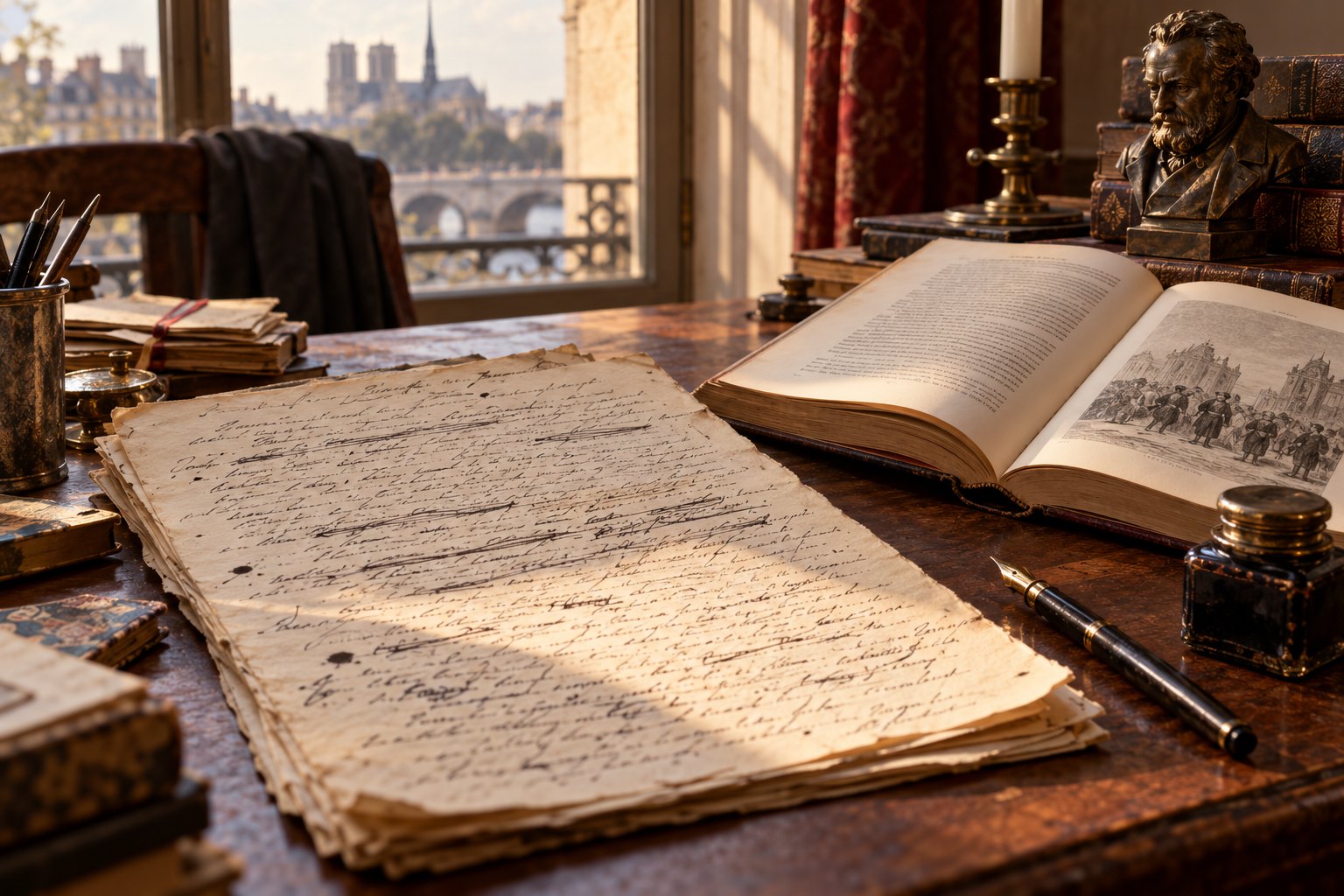 19th-century manuscript and novel on a desk.