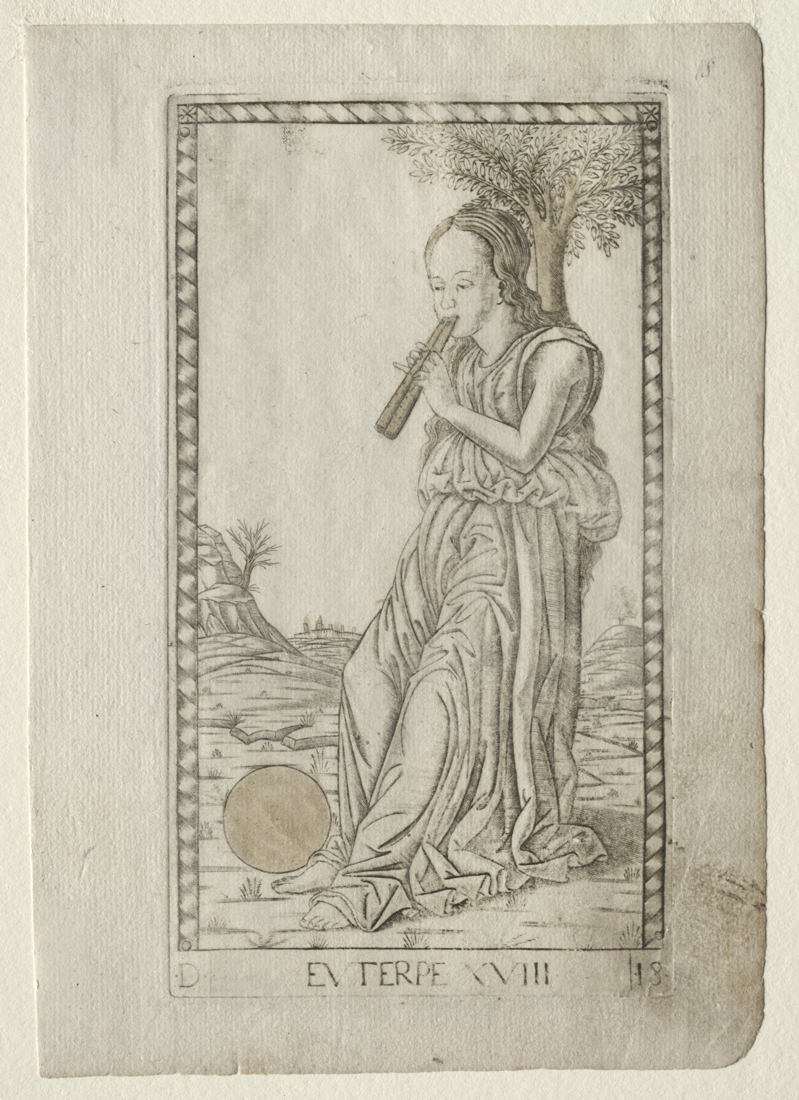 Master of the E-Series Tarocchi, Euterpe (music, lyric poetry), before 1467, Cleveland Museum of Art Open Access. Public-domain reproduction; depicts Euterpe playing an aulos.