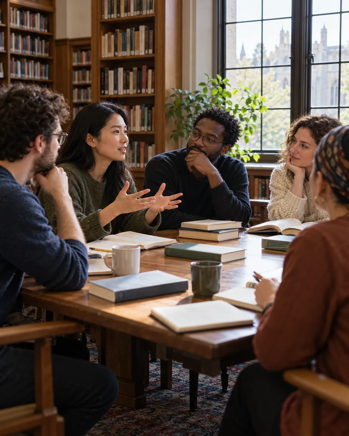 AI-generated fictional reading group discussing books, evoking a wider literary conversation.