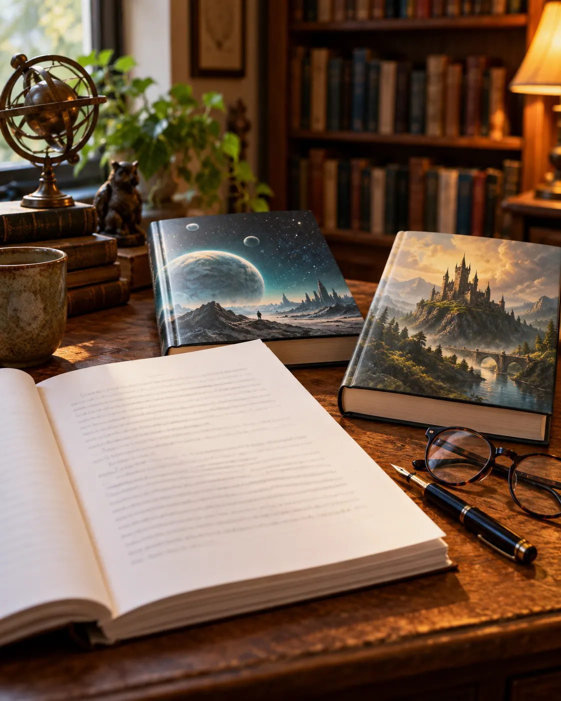 AI-generated writing desk with a globe, telescope, and generic speculative book, evoking imaginative literature’s range.