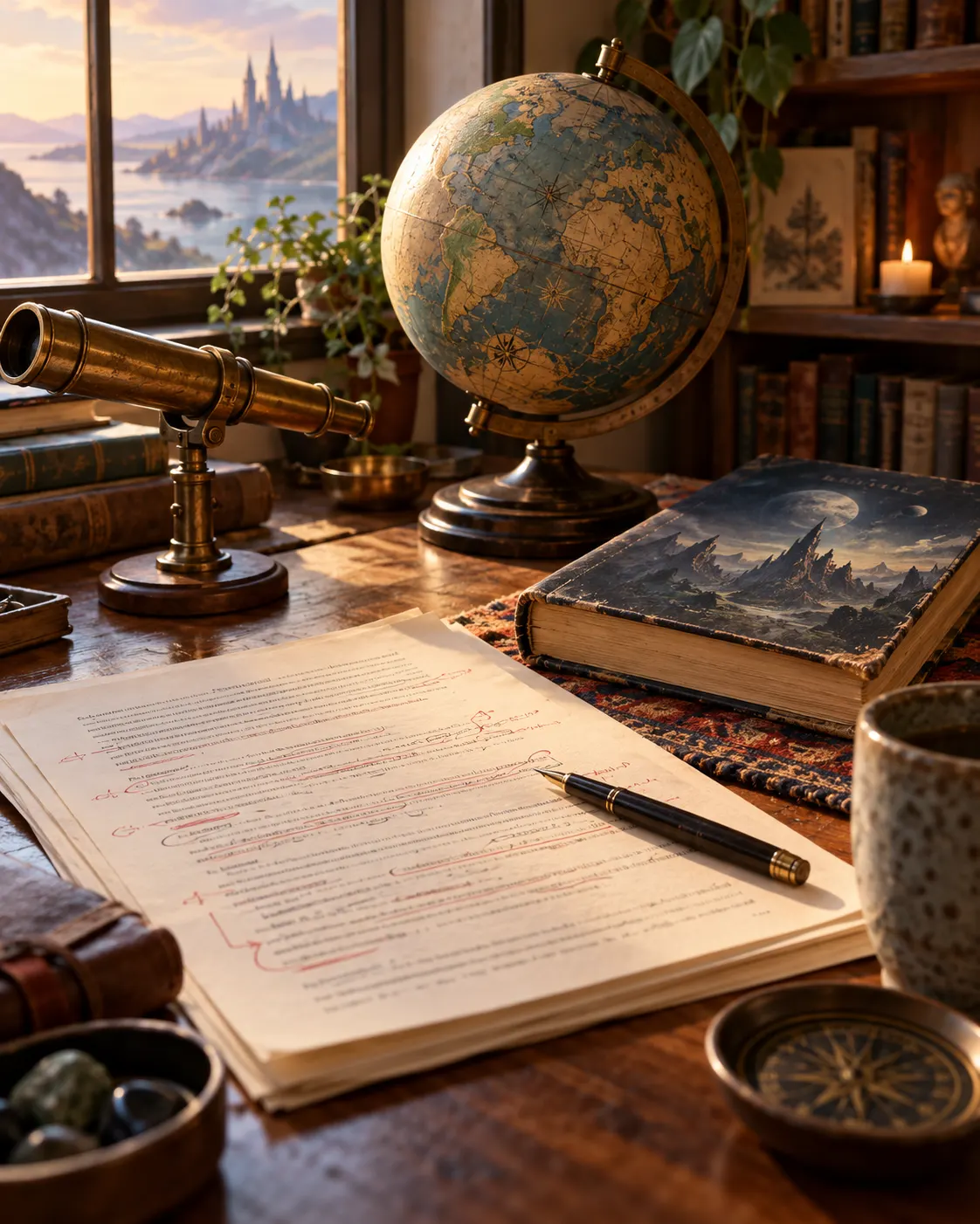 Титульна AI-згенерована ілюстрація / AI-generated cover illustration. Generic speculative-fiction books, a globe, telescope, and manuscript evoke Le Guin’s argument that such writing can explore human experience.