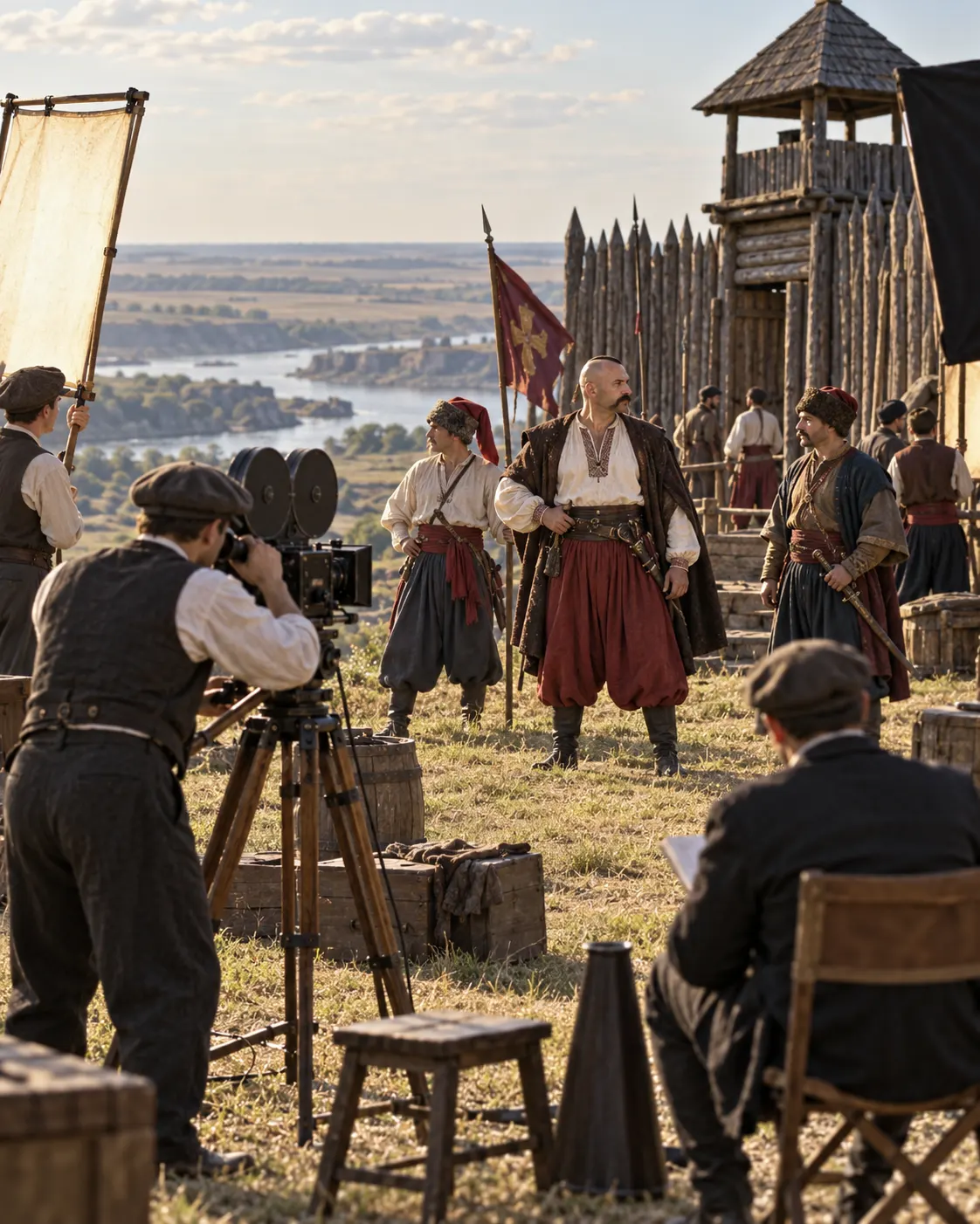 AI-generated symbolic historical-film set with anonymous actors; it is not a scene from the surviving or lost film.