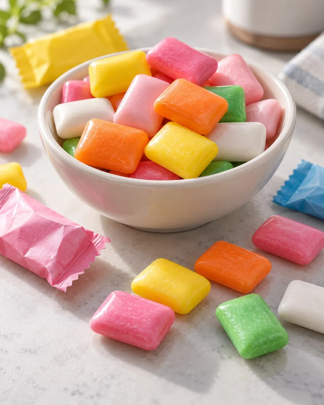 AI-generated still life of generic bubblegum, not the gum used by Fell. Prompt: “Photorealistic vertical 4:5 editorial still life of colorful unwrapped bubblegum pieces and a few small gum wrappers with blank, unreadable designs on a clean tabletop, cheerful soft light, macro detail. Generic bubblegum, not the gum used by Chad Fell; no visible brands, readable text, numbers or logos.” Generated 20 October 2026.