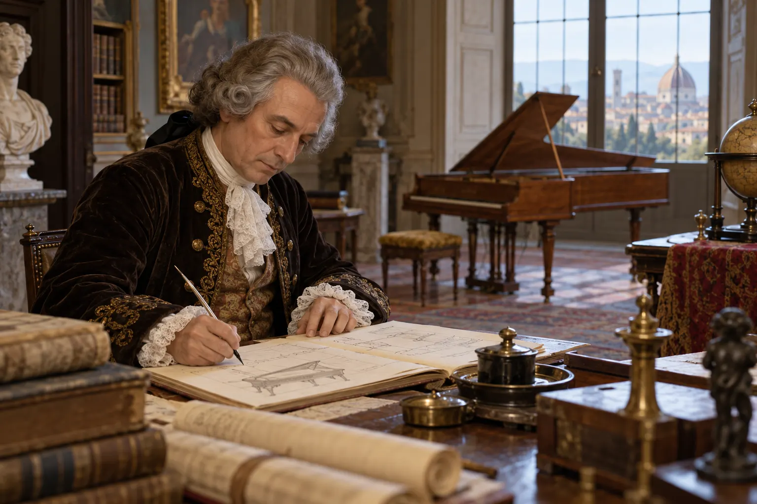 AI-generated supplementary illustration. Archivist records a new keyboard instrument in a Medici-era room; imagined reconstruction, no authentic document text.