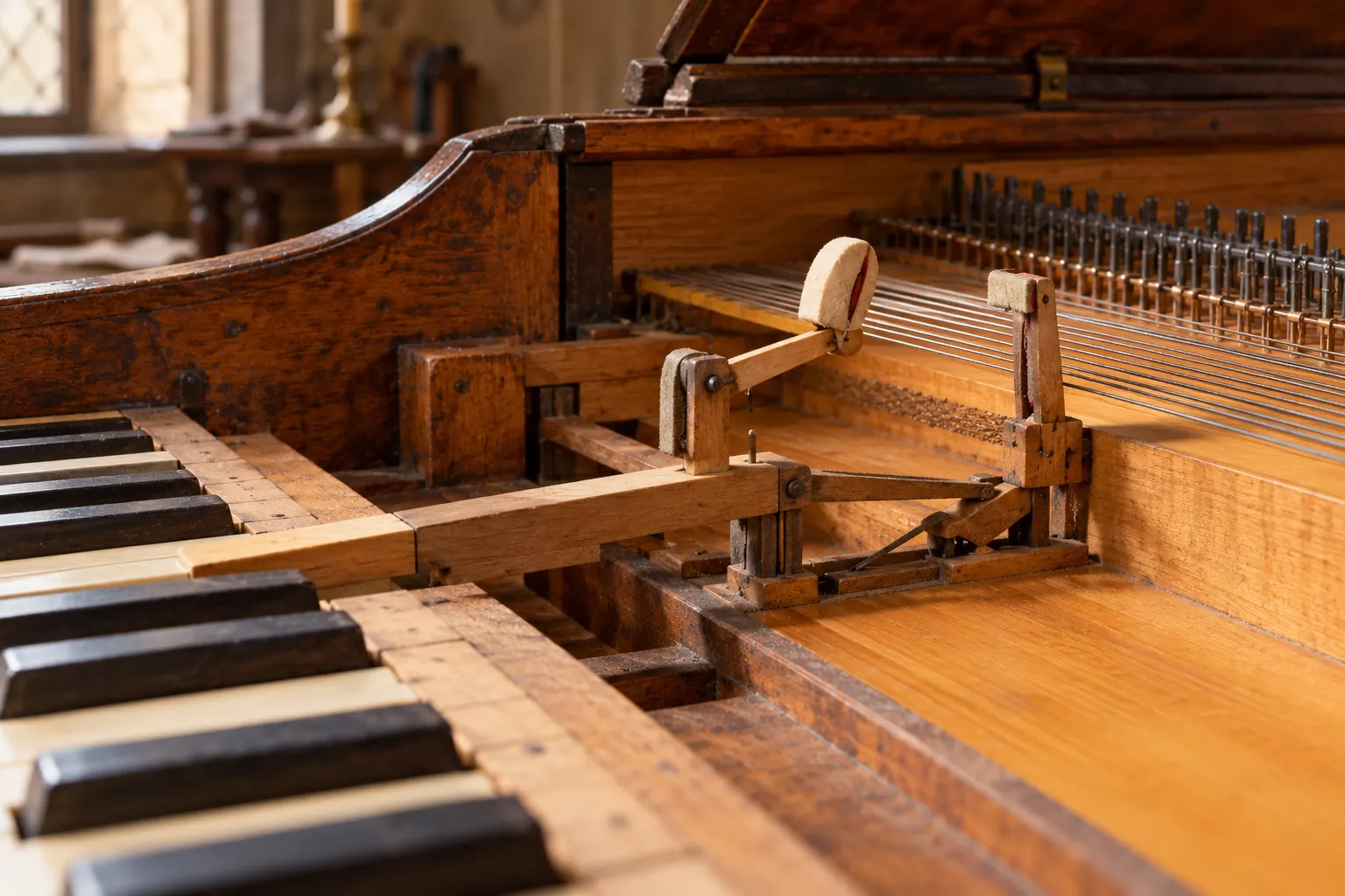 AI-generated supplementary illustration. Close reconstruction of an early piano hammer, key, string, and damper action; schematic visual, not a specific surviving instrument.