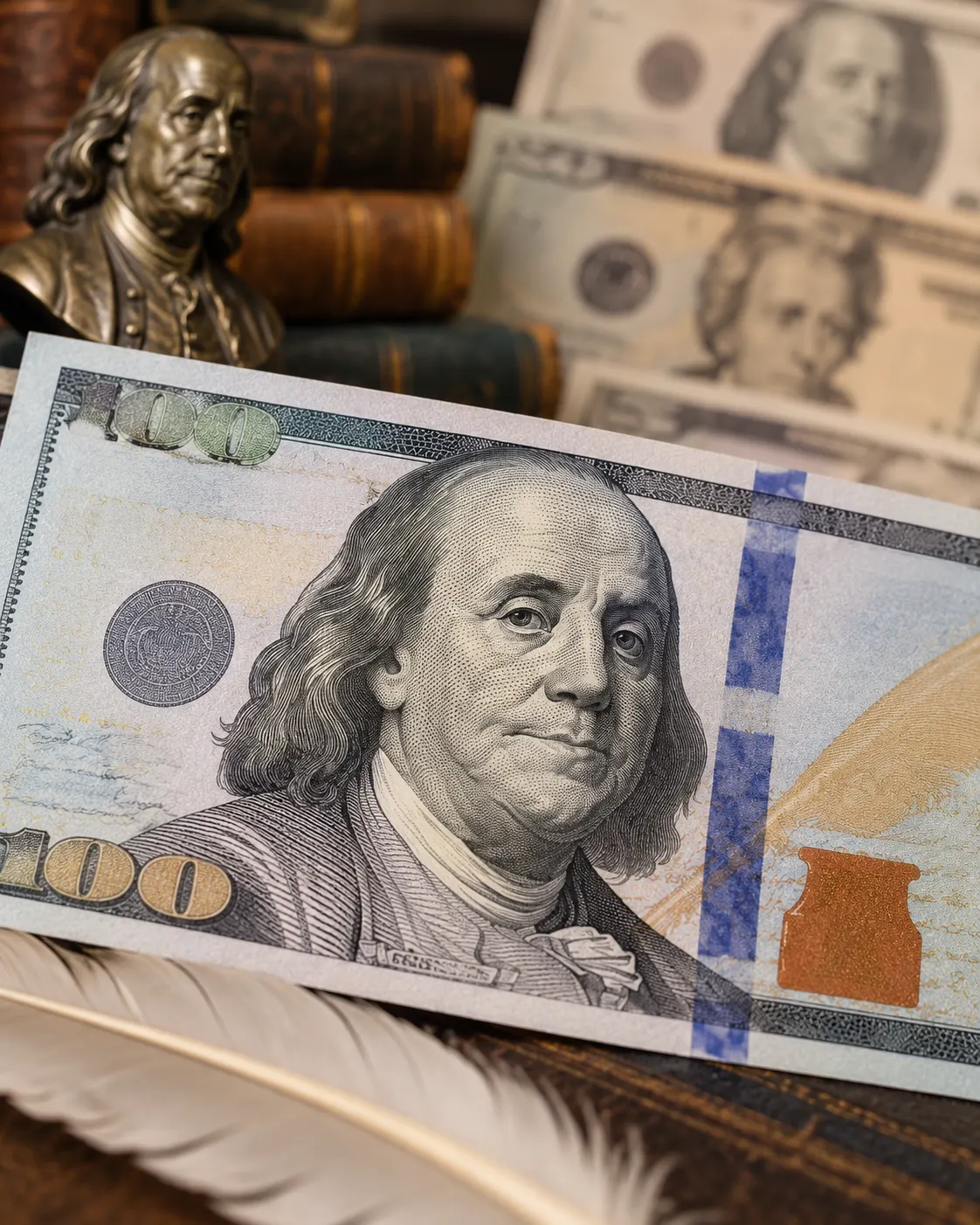 AI-generated symbolic close-up of Benjamin Franklin on a generic hundred-dollar-like banknote, with a Franklin bust behind it. It is not a reproduction of legal tender. Generated with OpenAI image generation; no external source or reuse license applies.