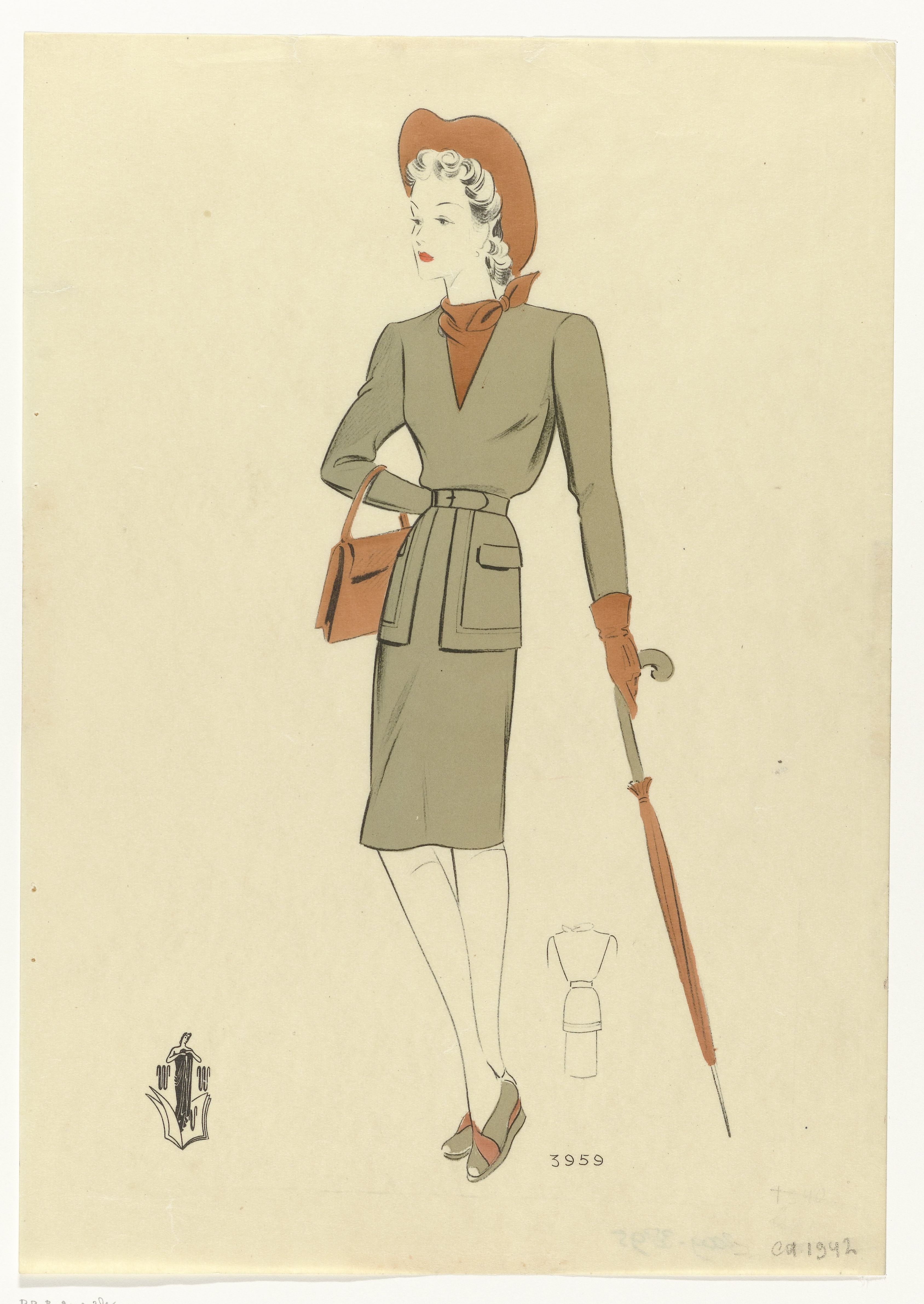 circa-1942 fashion plate showing wartime women’s style, Rijksmuseum object RP-P-2009-3895. Artist unknown. Original: https://commons.wikimedia.org/wiki/File:Vrouw_met_handtas_en_paraplu,_ca._1942,_No._3959,_RP-P-2009-3895.jpg. CC0 1.0: https://creativecommons.org/publicdomain/zero/1.0/. Credited to Rijksmuseum. Unmodified.