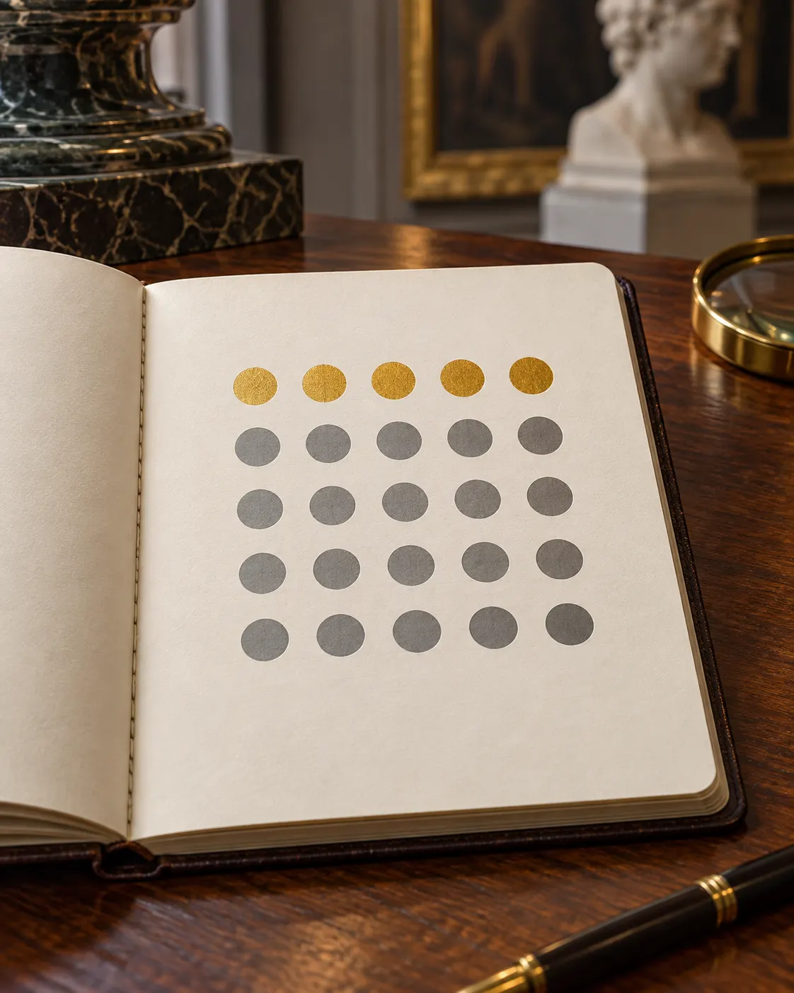AI-generated symbolic 5×5 grid with five highlighted circles, representing one fifth only; the grid is illustrative and not a sample of laureates or official statistics. Prompt: “Photorealistic vertical 4:5 editorial image of a museum research notebook with a simple 5-by-5 grid of exactly 25 small circles, exactly five circles highlighted in gold and the remaining twenty in gray, representing an approximate one-fifth estimate. Keep grid clean and countable. No labels, text, percentages, numbers, names, portraits, religious symbols or logos. This is a symbolic illustration, not official Nobel Foundation data.” Generated 20 October 2026. The 25 circles and five highlighted dots were visually counted.