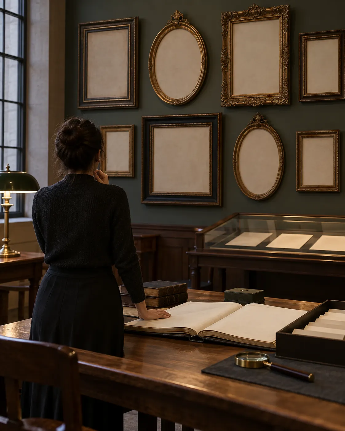 AI-generated fictional museum researcher examining blank archival records and empty portrait frames; no real people or personal data are shown. Prompt: “Photorealistic vertical 4:5 editorial scene of an anonymous museum researcher seen from behind reviewing a blank archival ledger and a wall of empty portrait frames in a quiet museum study room. The researcher is not identifying anyone's ancestry; all records and portraits are blank placeholders. No readable text, names, religious symbols, flags, logos or real personal records.” Generated 20 October 2026.