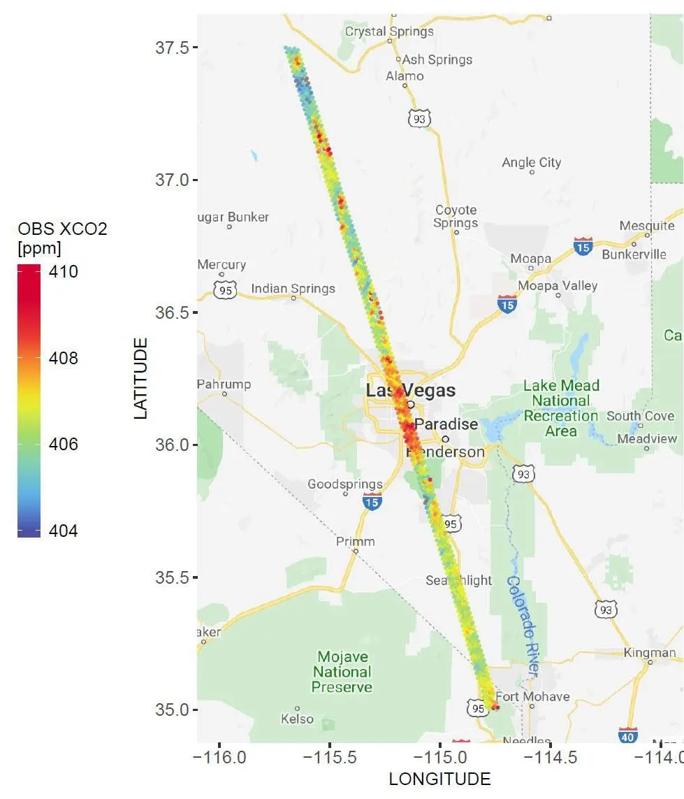 NASA OCO-2 map of atmospheric-column CO₂ over Las Vegas on February 8, 2018; warmer colors indicate higher observed amounts along the satellite track.