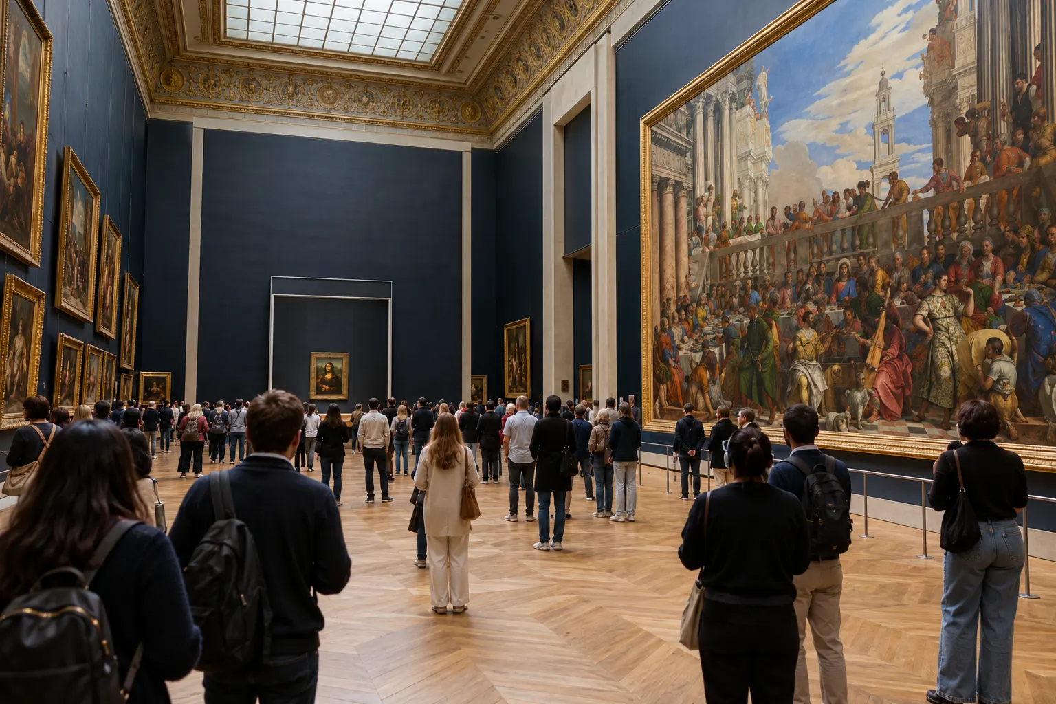 AI-generated architectural reconstruction of the current shared Salle des États: the Mona Lisa and the Wedding Feast at Cana face each other across a large gallery.