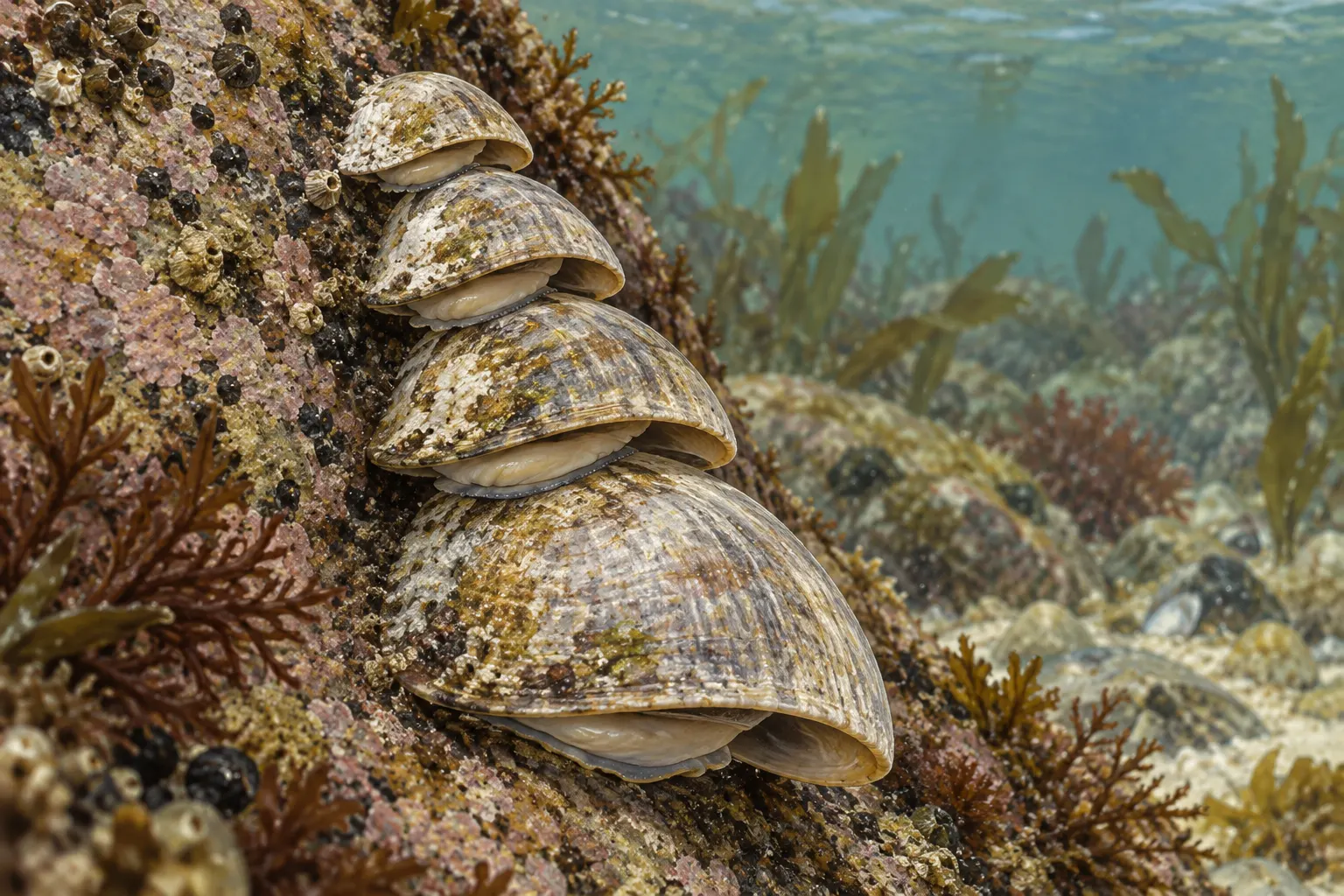 original AI-generated natural-history illustration of common slipper limpets stacked on a rock. Created 2026-10-13 with the image-generation tool from the prompt: “Create a scientifically plausible marine natural-history illustration of common slipper limpets (Crepidula fornicata) attached in a small vertical stack to a rock in shallow coastal water. Show a larger bottom individual and smaller individuals stacked above, with accurate cap-shaped shells. Natural muted seabed colors, crisp field-guide/editorial painterly style, clearly an illustration not a photograph, no labels, no text, no watermark, horizontal 3:2 composition. Do not depict sex change visually or label individuals as male/female.” Synthetic illustration; not a photograph or evidence of a specific animal. No third-party license or attribution applies.