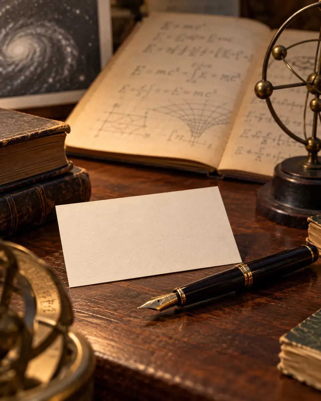 AI-generated symbolic still life of a fountain pen and blank card; it contains no signature and does not depict an authentic historical document. Creator: OpenAI image generation. Prompt summary: museum-style illustration about Einstein autographs without impersonating or fabricating a signature. No external media included; no third-party license or attribution applies.