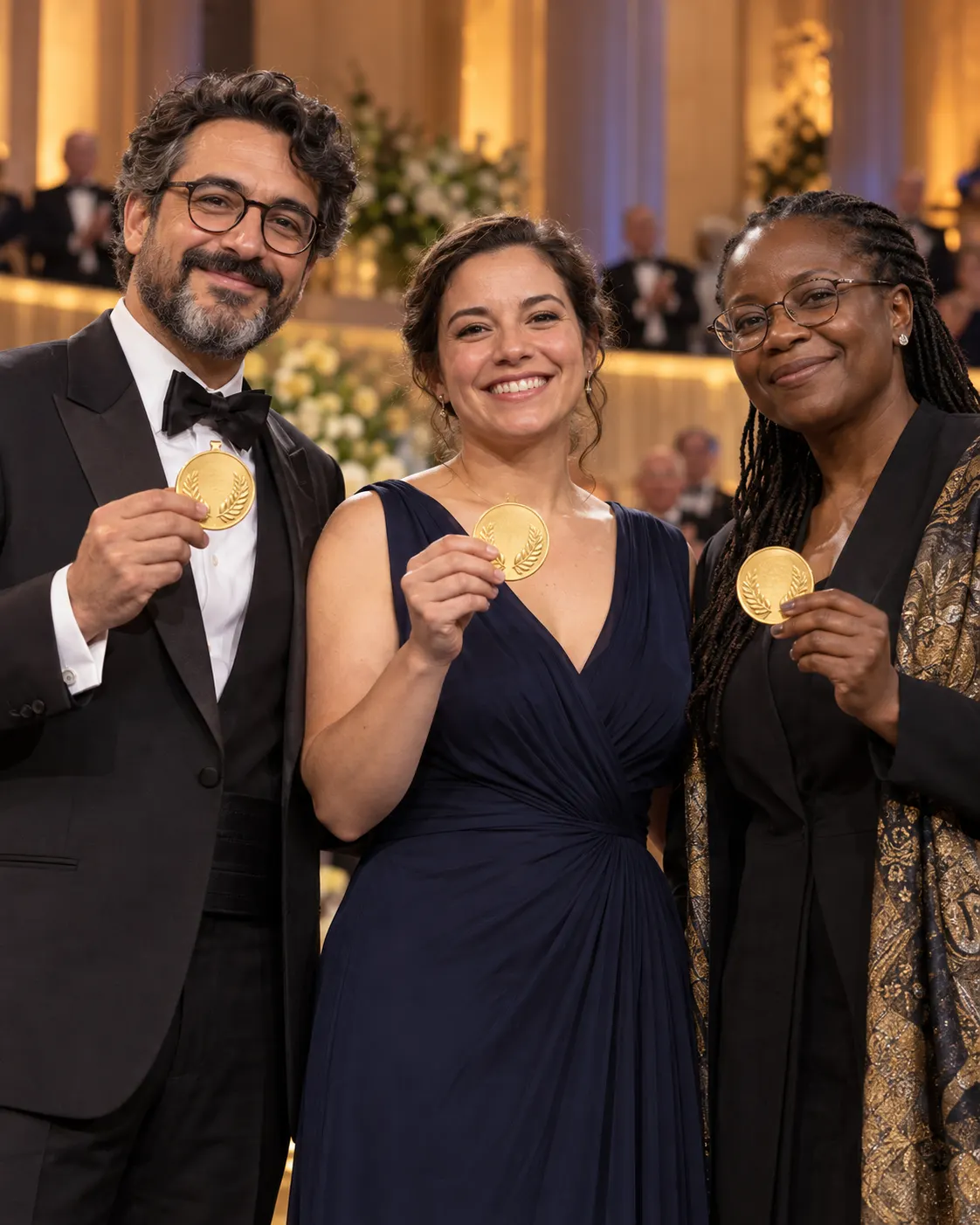 AI-generated editorial illustration of three fictional award recipients (not real laureates), created 2026-10-19. Exact prompt: “Photorealistic editorial illustration of three diverse scientists standing together at a formal award ceremony, each holding a small generic gold medal, warm stage lighting, vertical 4:5. Anonymous fictional people, no recognizable real laureates, no official branding or readable text.”