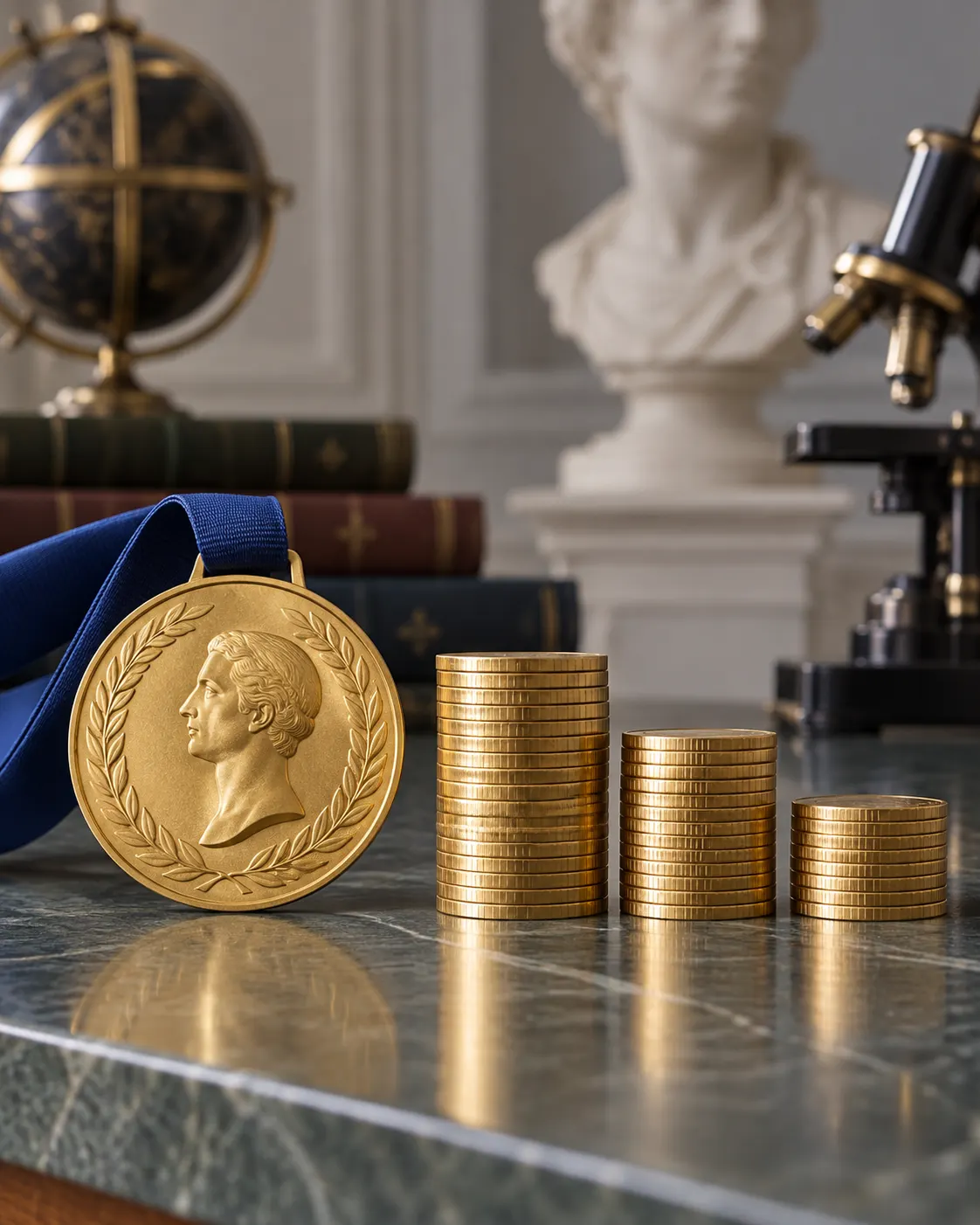 AI-generated symbolic editorial still life (created 2026-10-19), showing different-sized shares beside a generic medal. It illustrates that shares can differ; it is not a literal accounting of a prize. Exact prompt: “Photorealistic editorial still life illustrating how prize shares can vary: a single generic gold medal and three adjacent stacks of gold-colored coins with visibly different sizes, a neutral scientific award setting, vertical 4:5. Symbolic illustration only, no official Nobel design, no numbers or text, no logos.”
