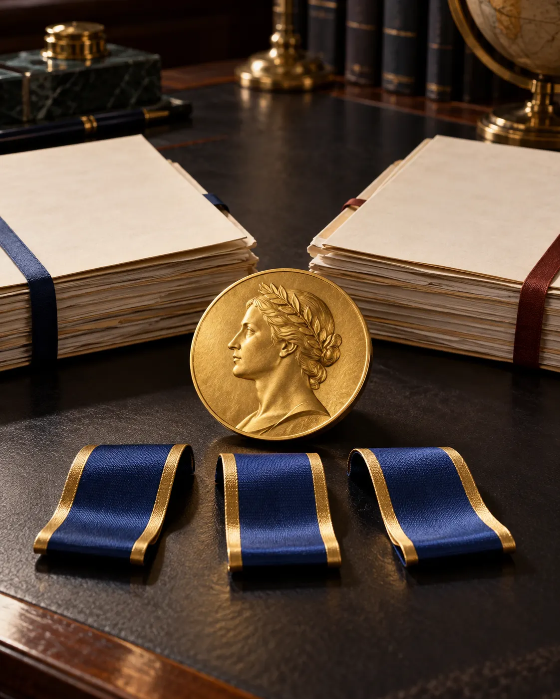 AI-generated cover image illustrating a prize divided among multiple works or recipients. Exact prompt: “Photorealistic editorial cover about how a Nobel Prize can be divided between works and laureates: a gold medal beside two manuscript folders and three elegant equal portions of a prize ribbon arranged on a dark desk, vertical 4:5. Generic symbolic illustration, no official Nobel medal design, no readable text, no logos.”