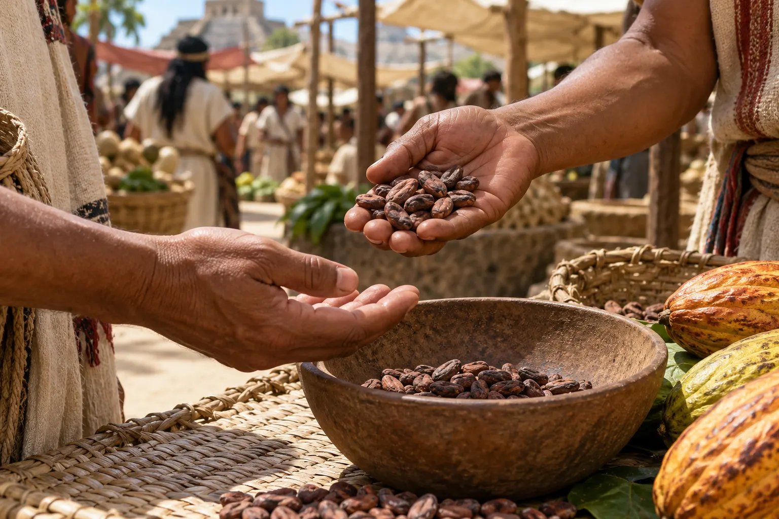Титульна AI-згенерована ілюстрація / AI-generated cover illustration. Symbolic reconstruction of cacao beans exchanged in a Mesoamerican market; not documentary evidence of a particular transaction or site.