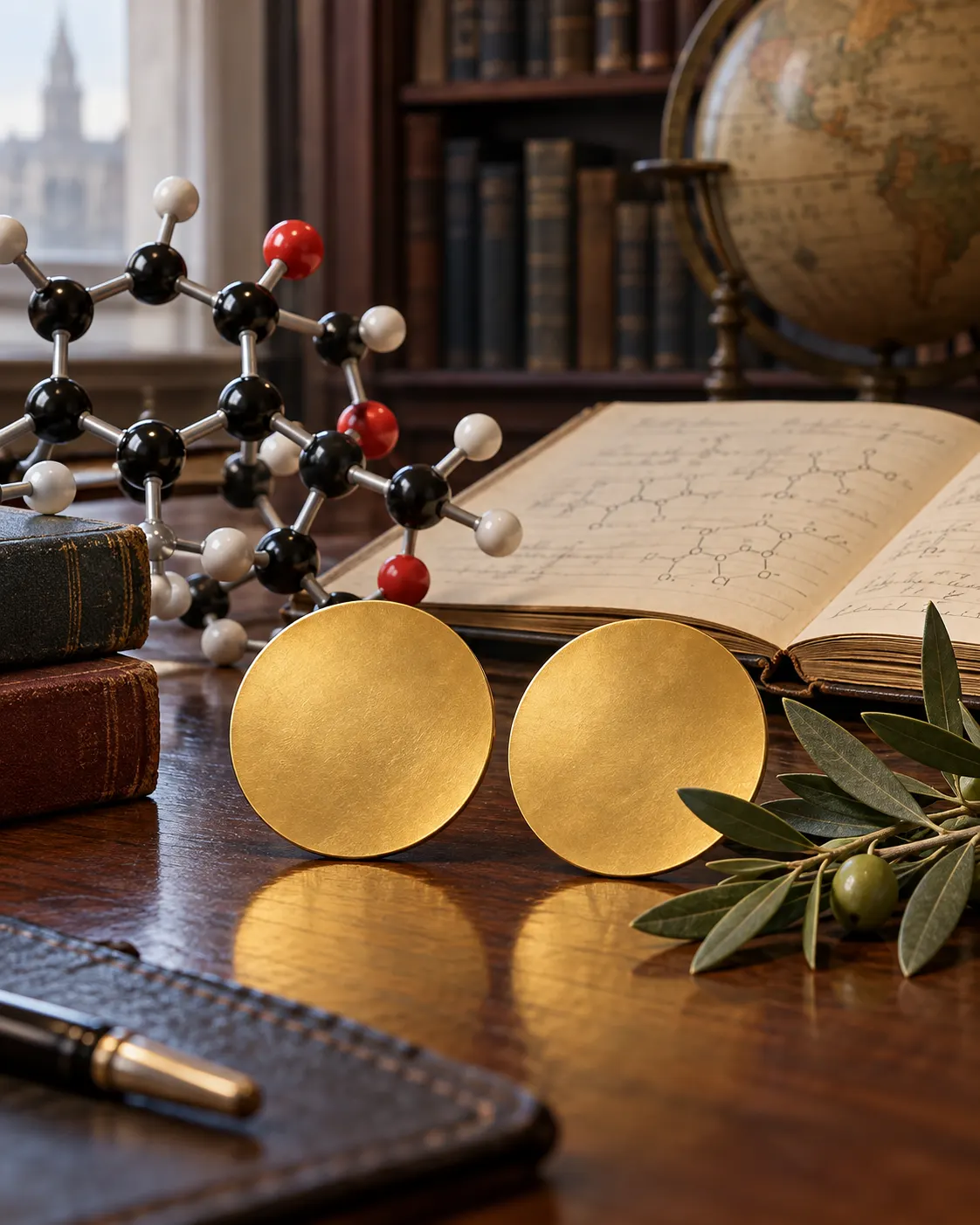 AI-generated cover: molecular model, chemistry notes and two plain gold discs beside an olive branch. Generated 19 October 2026. Prompt: “Photorealistic vertical 4:5 editorial cover about Linus Pauling receiving two Nobel Prizes, one for chemistry and one for peace. Balanced still life combining a ball-and-stick molecular model, chemistry notebook, and a small olive branch beside two plain unmarked gold discs, dignified mid-century academic atmosphere. Do not depict Pauling, no recognizable Nobel medal design, no logos, no readable text.”