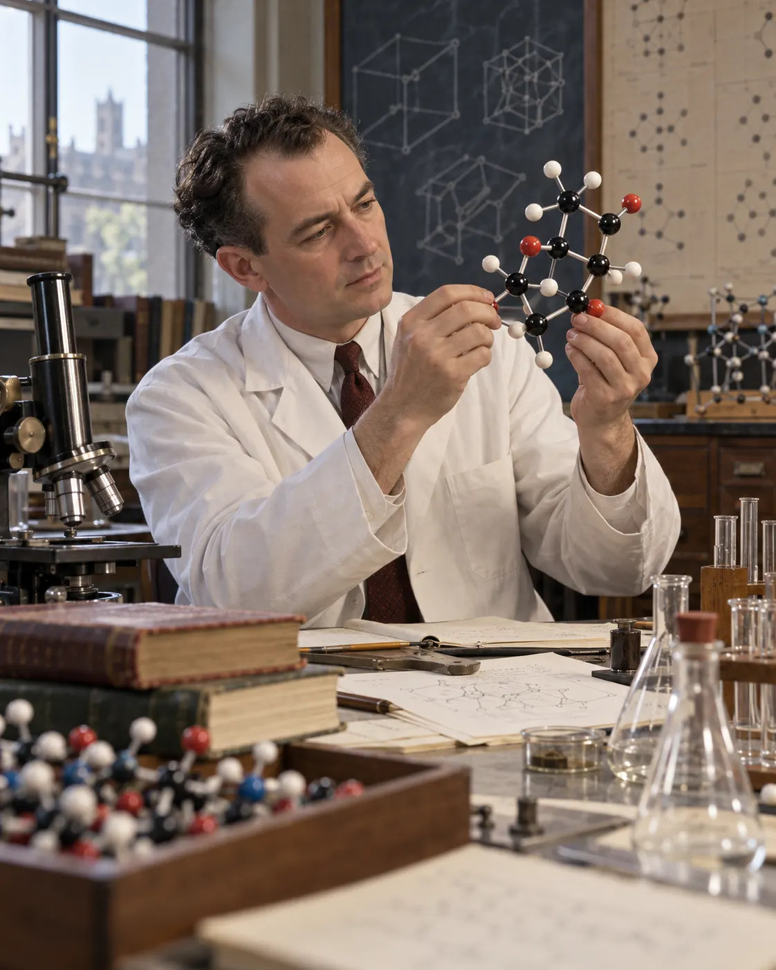 AI-generated historical illustration of a mid-century chemist examining a molecular model, not Linus Pauling. Generated 19 October 2026. Prompt: “Photorealistic editorial historical reconstruction, vertical 4:5: a 1950s American chemist examining a molecular ball-and-stick model at a university laboratory desk, period-accurate scientific tools and papers, no legible writing. Generic scientist inspired by the era of Linus Pauling but not a depiction or portrait of him. No logos, no medals.”