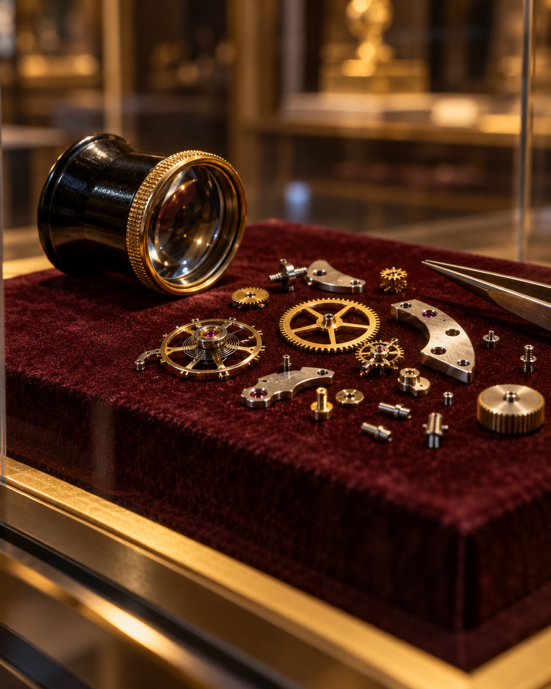 AI-generated editorial illustration of a tiny metal mechanism beside a ruler on a clean museum display surface; symbolic reconstruction, not a documentary photograph.