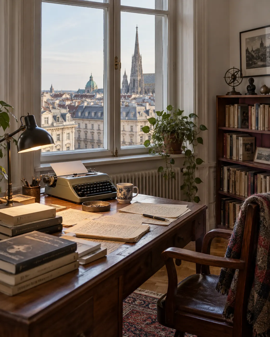 AI-generated editorial reconstruction of a quiet early-1980s Vienna study with a typewriter, manuscript pages, and city view.