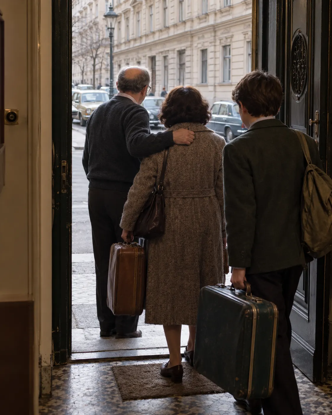 Титульна AI-згенерована ілюстрація / AI-generated cover illustration. Three figures evoke Lem, his wife, and their son reuniting in Vienna in 1983 with suitcases; fictional editorial reconstruction, not documentary evidence.