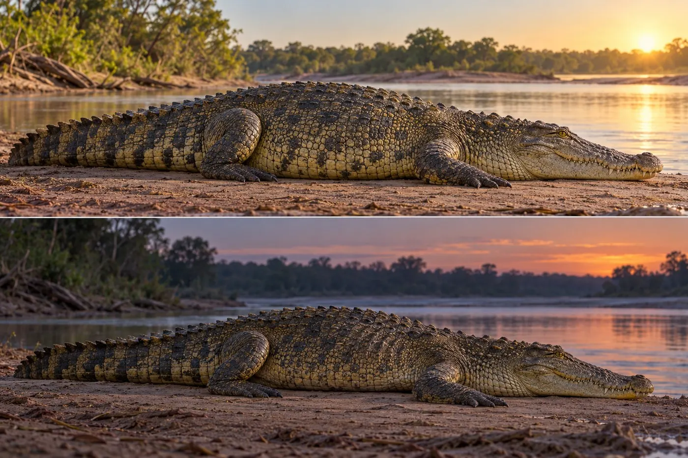 A conceptual side-by-side view of a crocodile in healthy and gradually leaner body condition over time.