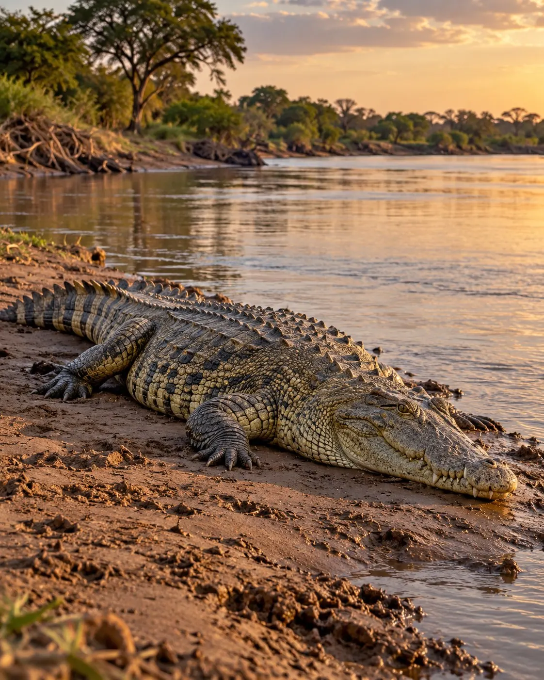 Титульна AI-згенерована ілюстрація / AI-generated cover illustration. A Nile crocodile rests on a muddy riverbank beside an African river.