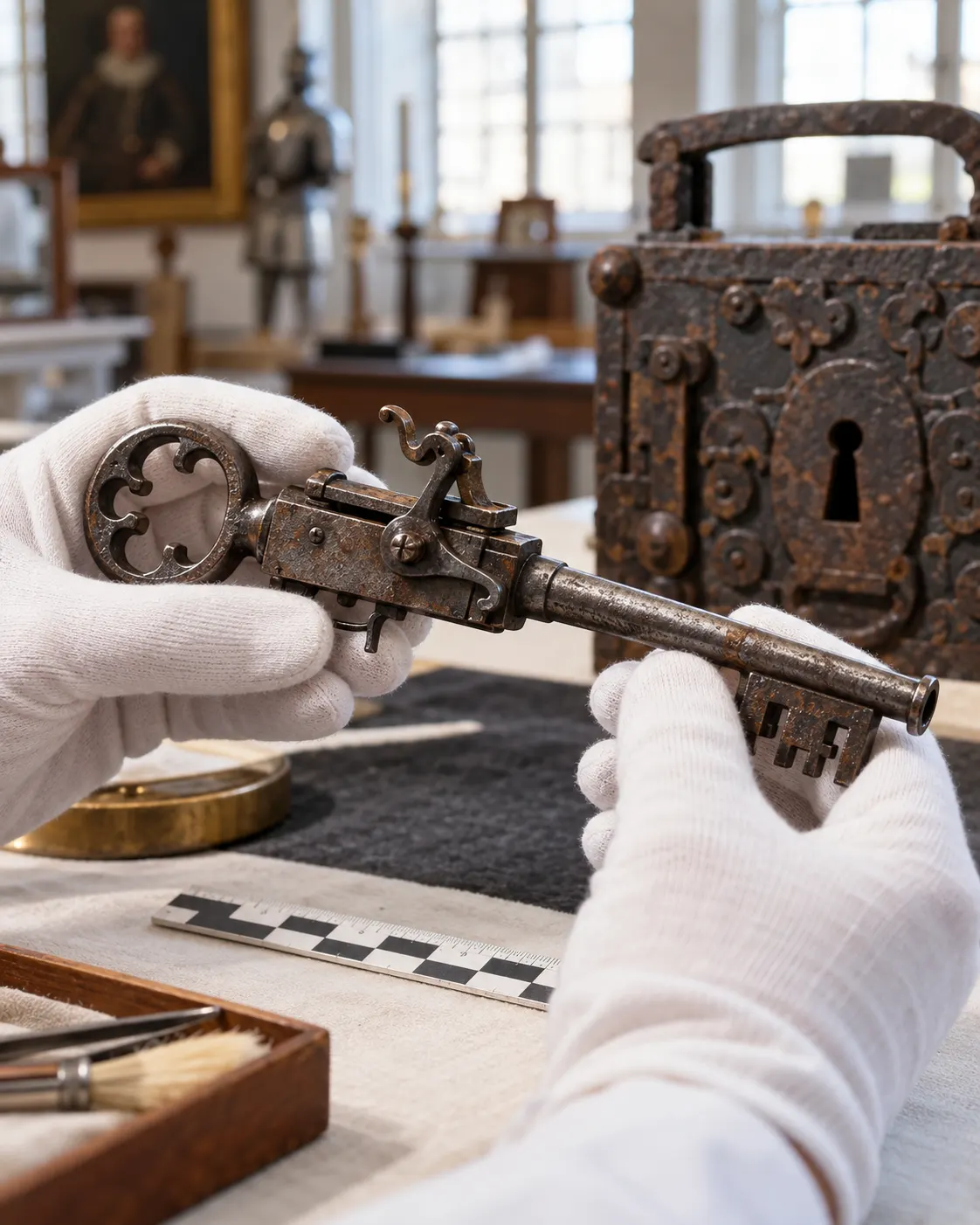 AI-generated illustration of a conservator inspecting a miniature key pistol beside a historic lock.