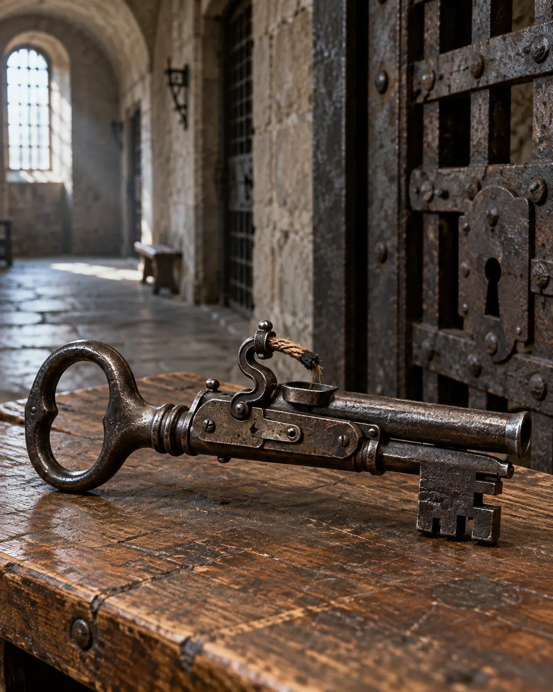 Титульна AI-згенерована ілюстрація / AI-generated cover illustration. Antique key pistol beside an iron cell door.