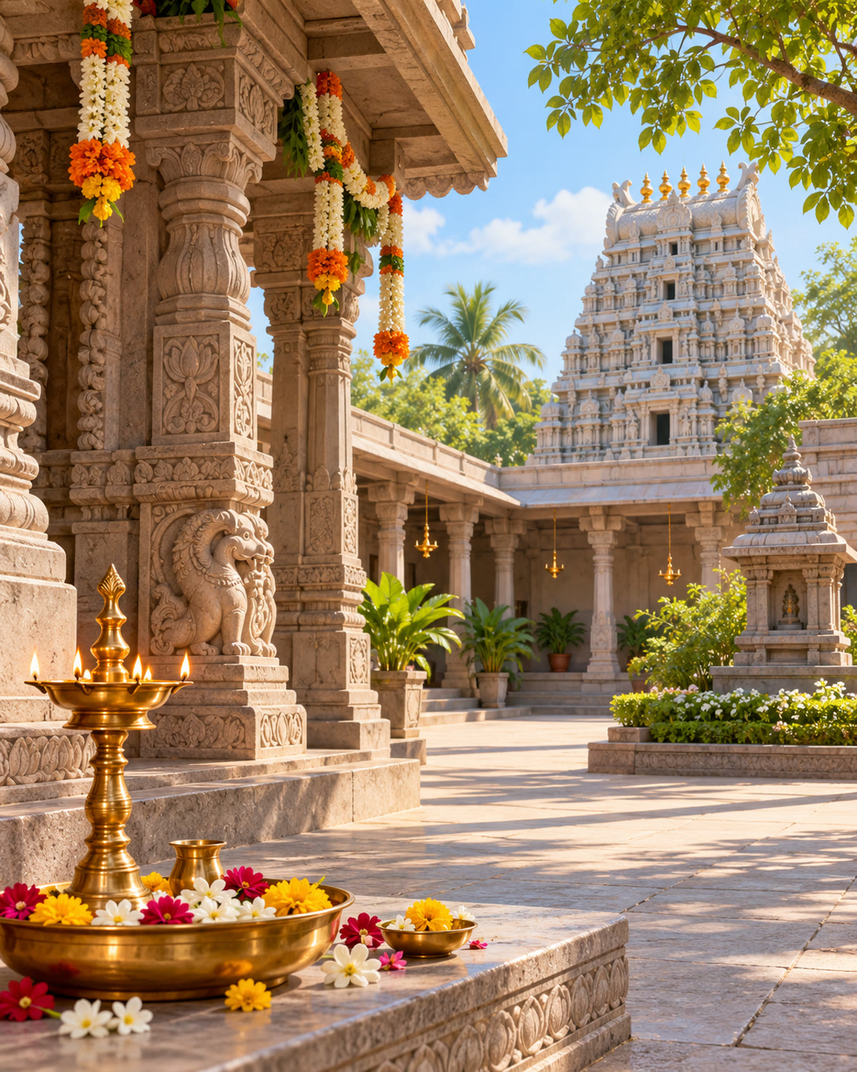 AI-generated conceptual illustration of a temple courtyard; no specific deity or numerical count depicted.