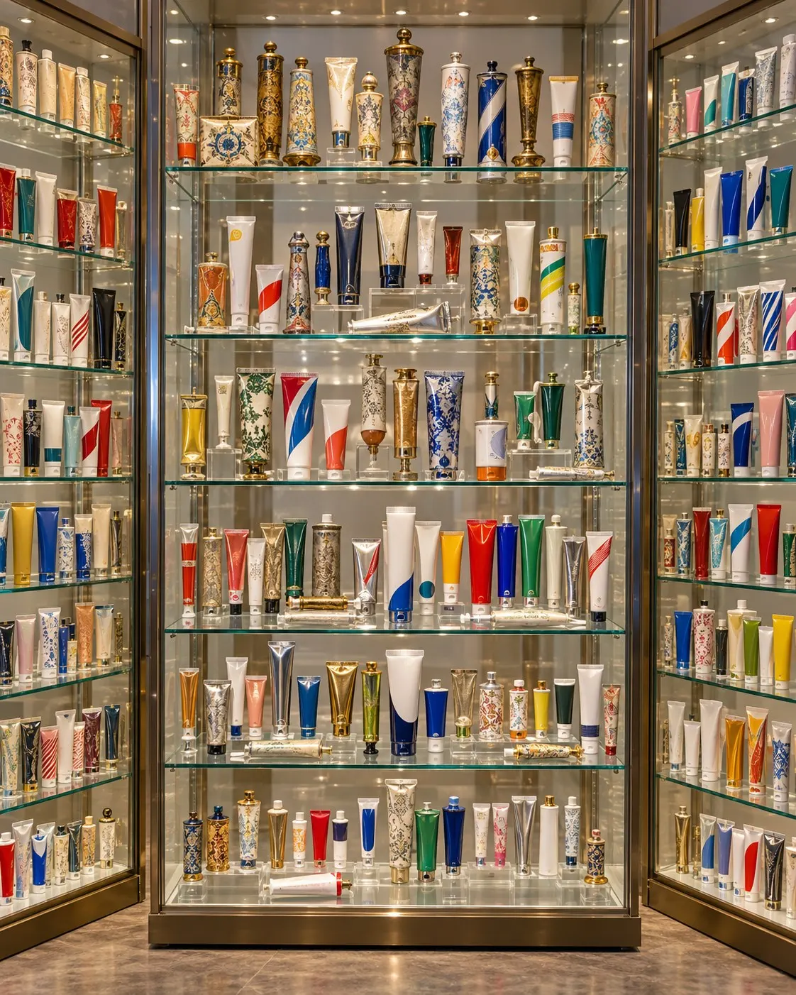 AI-generated cover showing a fictional display of varied toothpaste tubes; it is not Val Kolpakov’s collection and does not represent an exact count. Generated 2026-10-20. Exact prompt: “Photorealistic vertical 4:5 editorial cover of a collector's display of many different toothpaste tubes arranged neatly in glass cabinets, varied vintage and modern colors and shapes, bright museum-like lighting. Fictional collection, not Val Kolpakov's or an exact count of 2,037. No readable brand names, text, logos or people.”