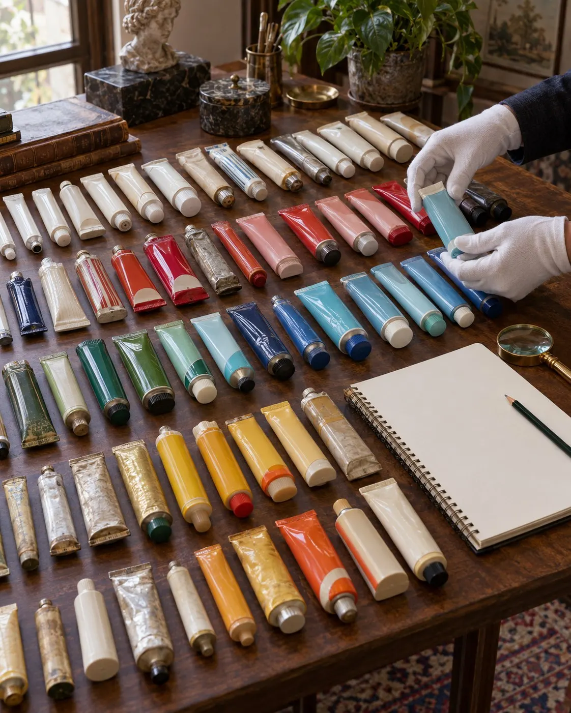 AI-generated fictional still life of toothpaste tubes being arranged for cataloging; not Kolpakov’s collection and not an exact count. Generated 2026-10-20. Exact prompt: “Photorealistic vertical 4:5 editorial still life of a collector's table with many varied toothpaste tubes sorted by color and era into neat rows, gloved hands arranging them carefully beside a blank inventory notebook. Fictional collection, not Val Kolpakov's collection, no exact count. No readable labels, brands, text or logos.”