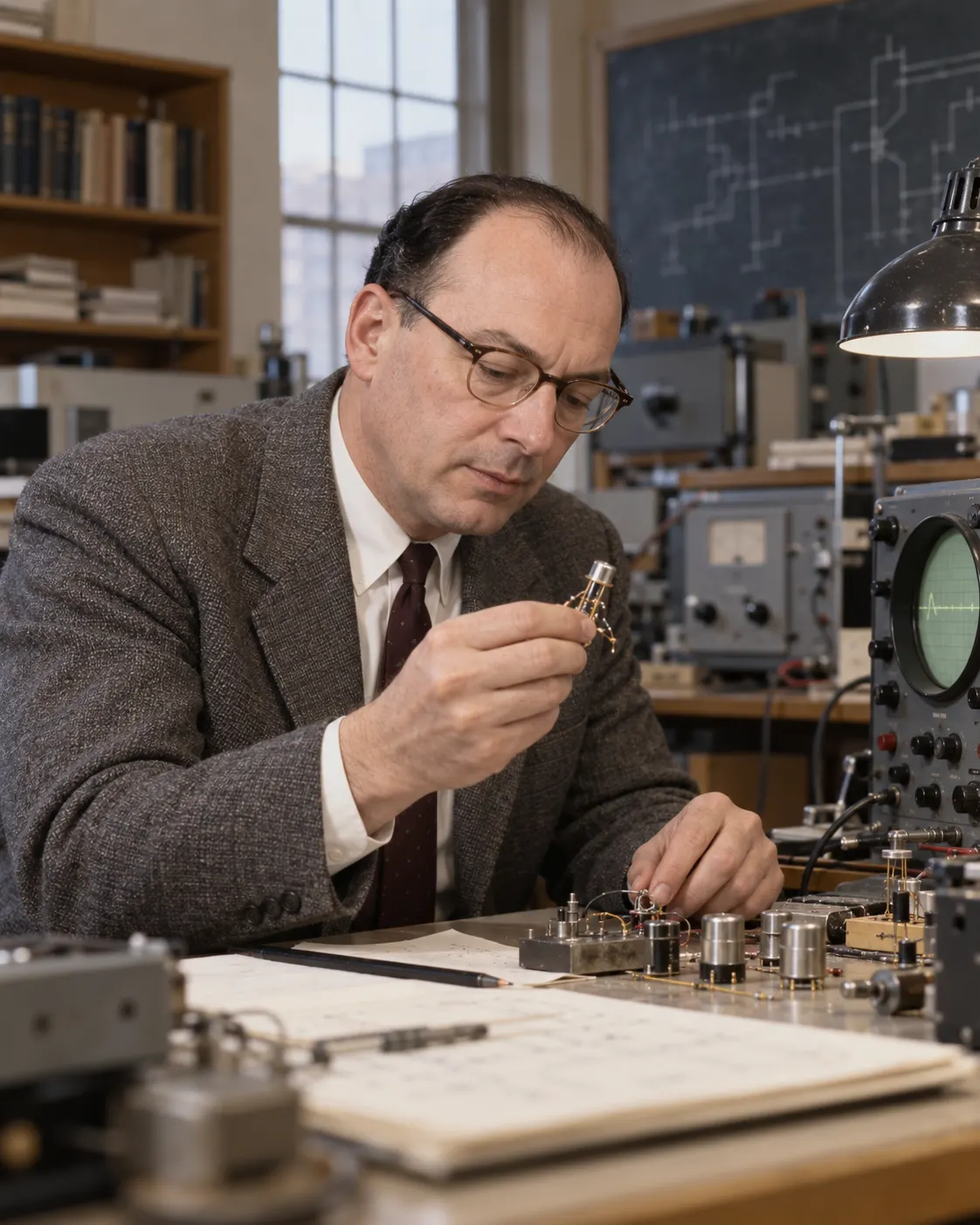 AI-generated illustrative historical reconstruction of a physicist examining transistor circuitry in the mid-20th century, inspired by Bardeen's field. Generated 19 October 2026. Prompt: “Photorealistic editorial image, vertical 4:5: a mid-20th-century American physicist in a university laboratory examining a small transistor circuit and early electronic components, thoughtful working pose, period-appropriate office and lab, natural documentary-style light. Generic historical reconstruction inspired by the era of John Bardeen, not a documentary photograph. No readable text, no logos, no medals.”