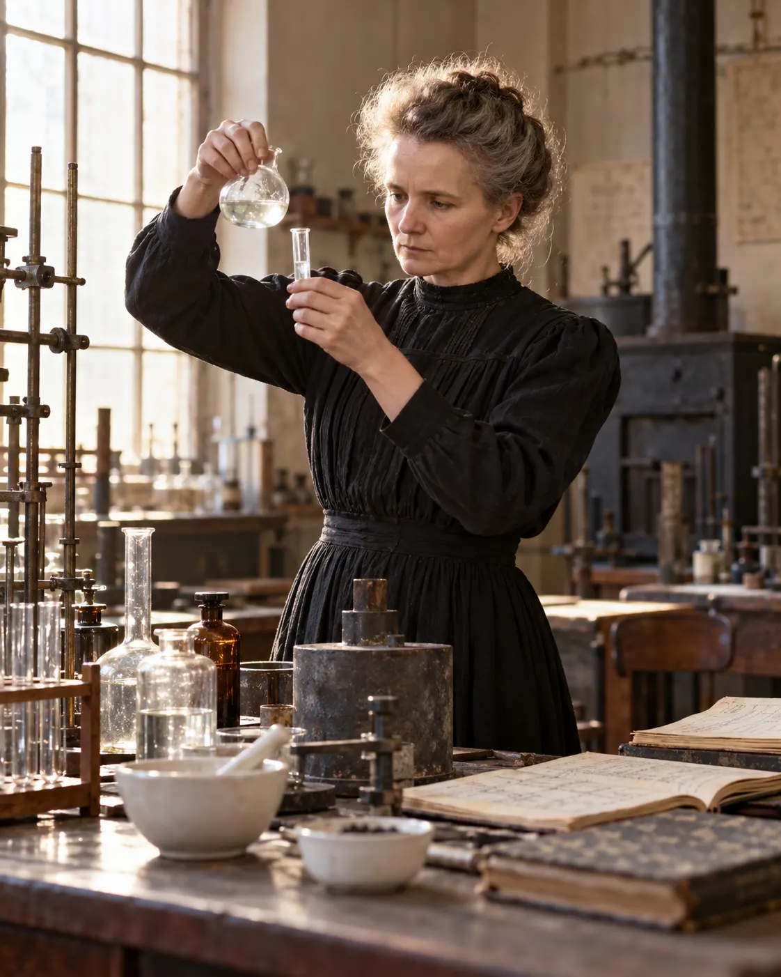 AI-generated illustrative historical reconstruction of Marie Curie working in an early-1900s laboratory. Generated 19 October 2026. Prompt: “Photorealistic editorial reconstruction, vertical 4:5: Marie Curie working carefully at a modest early-1900s Paris laboratory bench with glassware and handwritten notebooks, period-accurate clothing, warm natural light. Historical illustrative reconstruction, not documentary, respectful and scientifically plausible. No readable text, no logos, no award medal.”