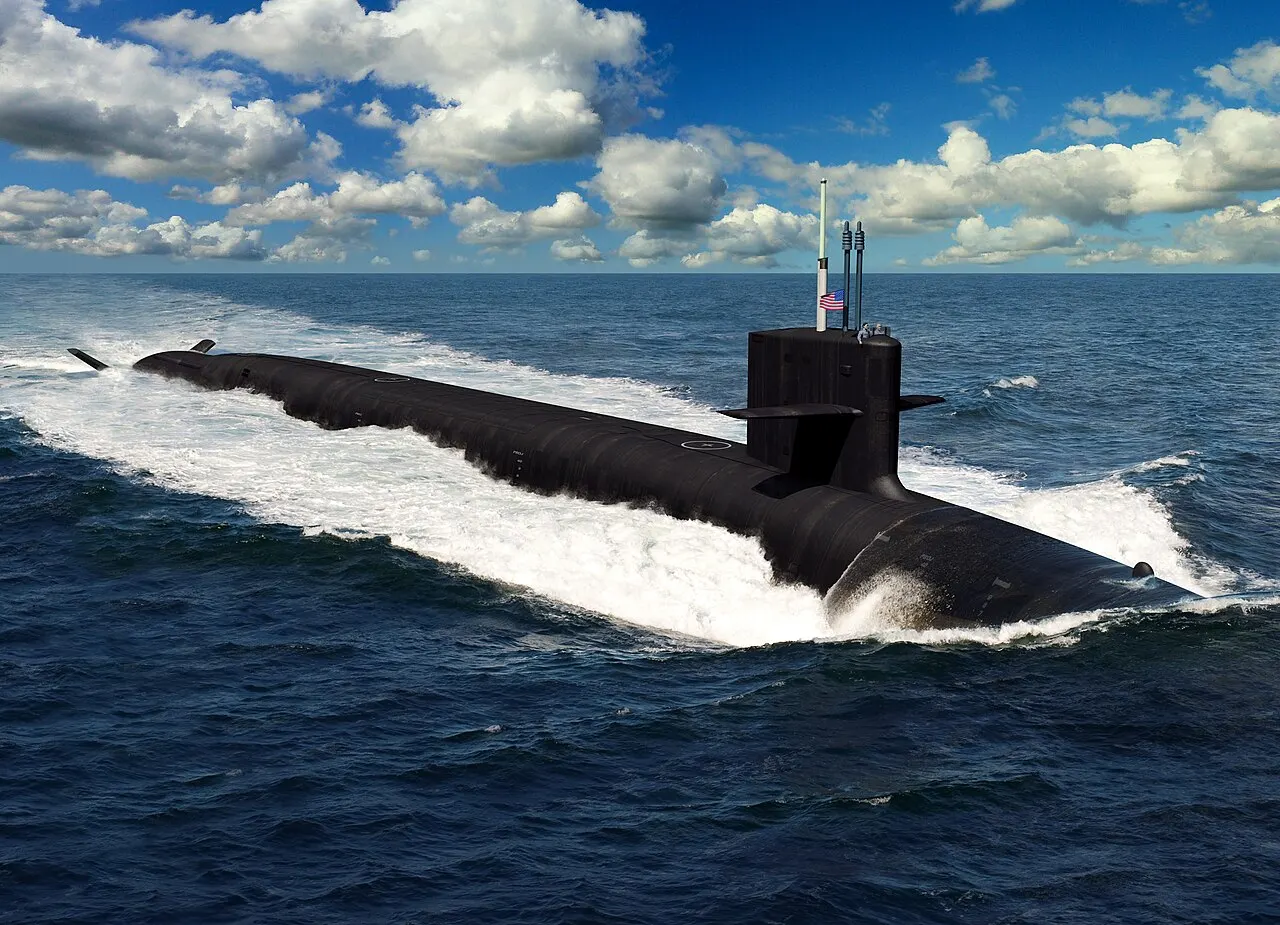 Офіційне художнє зображення проєкту класу Columbia, ВМС США, 2019; не фотографія збудованого човна / Official U.S. Navy artist rendering of the Columbia-class design, 2019; not a photograph of a completed submarine.