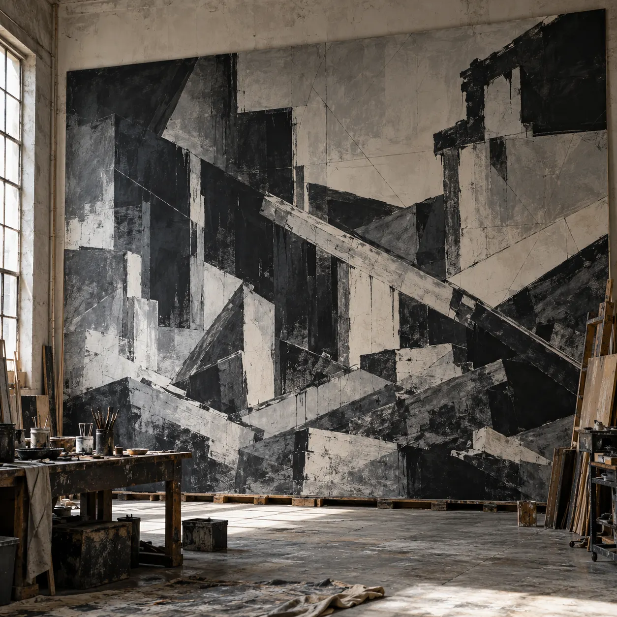 original AI-generated symbolic image of a monumental, abstract monochrome mural in a studio. It is not *Guernica* and does not reproduce Picasso’s composition.