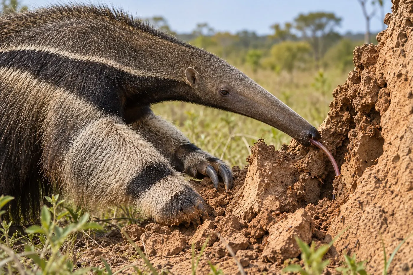 Close side view of a giant anteater probing a termite mound with its tongue and claws visible.