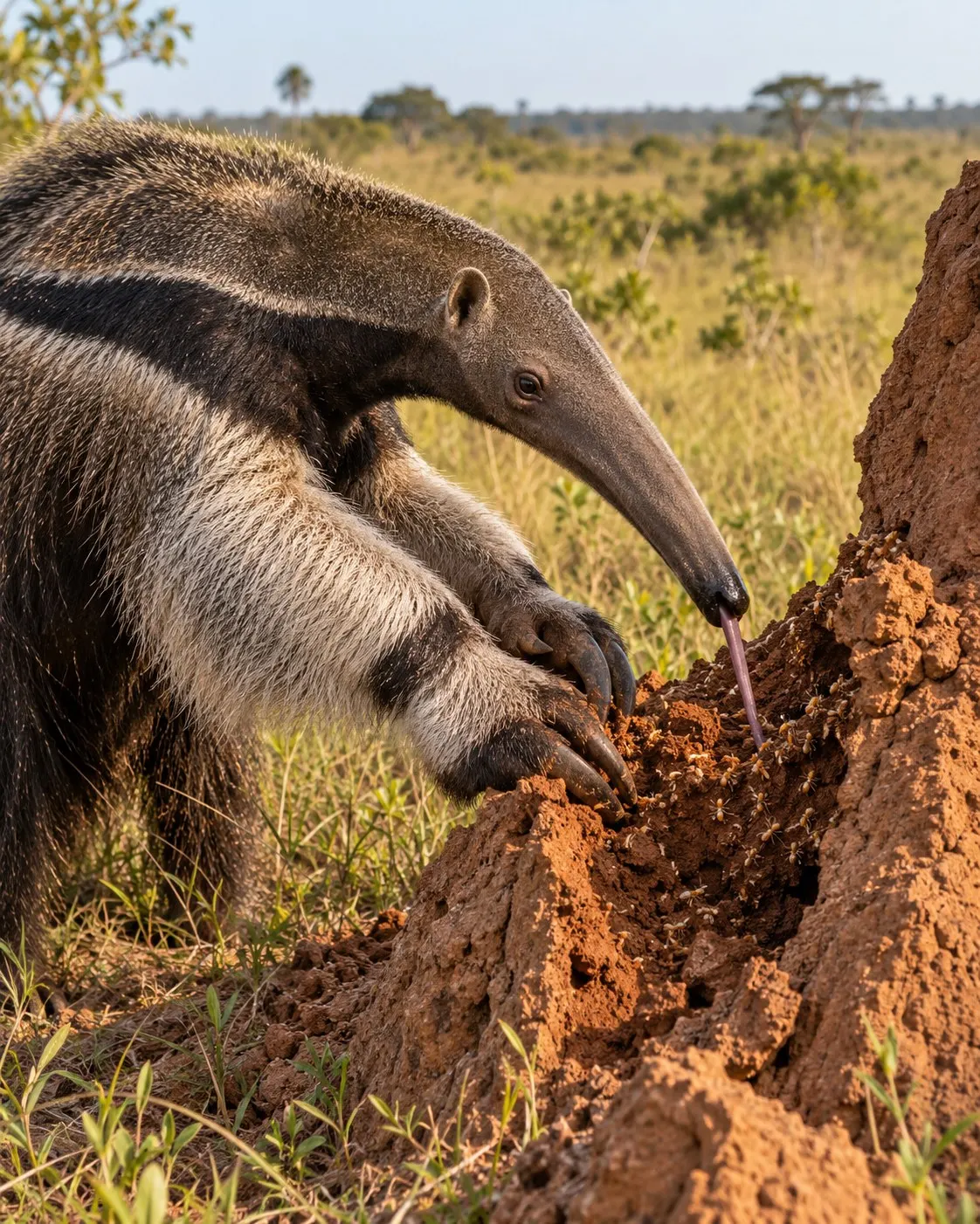 Титульна AI-згенерована ілюстрація / AI-generated cover illustration. A giant anteater opens a termite mound with its claws and reaches insects with its long tongue.