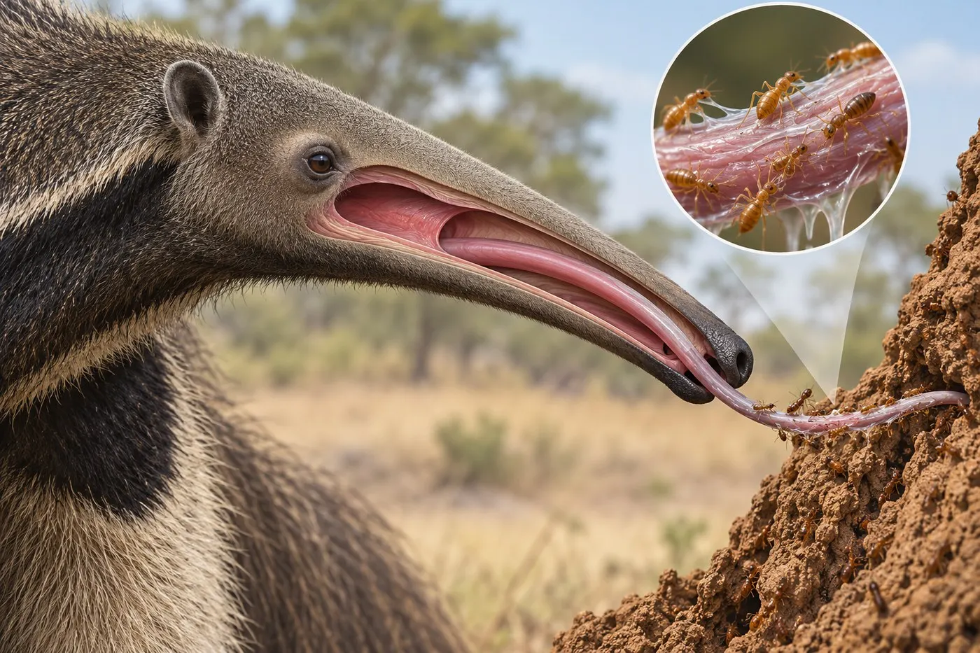 Conceptual head cutaway showing the elongated tongue and absence of teeth.