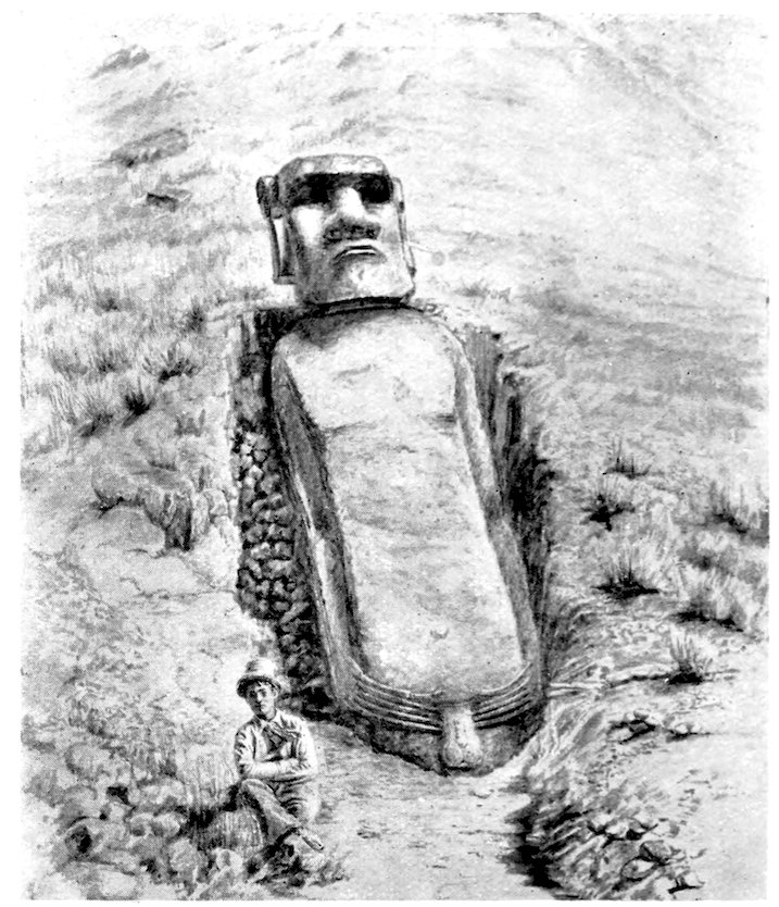 sketch of an excavated moai at Rano Raraku, published as figure 69 in Katherine Routledge's 1919 expedition account. The torso shown beneath the exposed head illustrates early documentation of buried statue bodies.